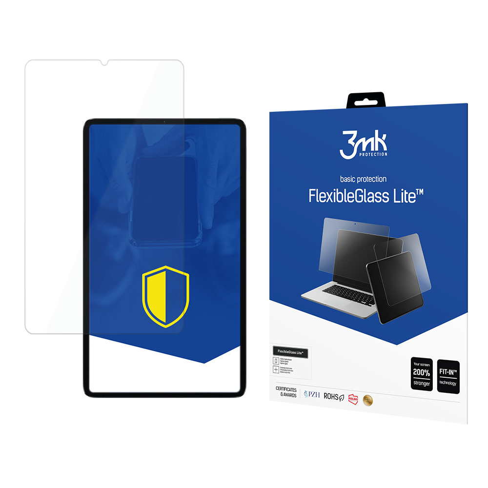 Un proteggi schermo, un tablet con un logo a scudo e una scatola blu con informazioni sul prodotto e immagine di un laptop.