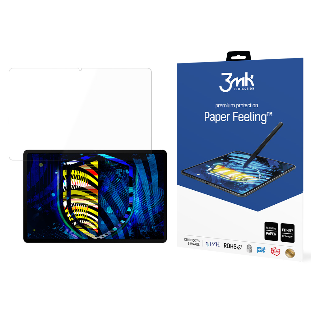 Un tablet con protezione schermo e una scatola di protezione schermo con stilo e testo Paper Feeling.