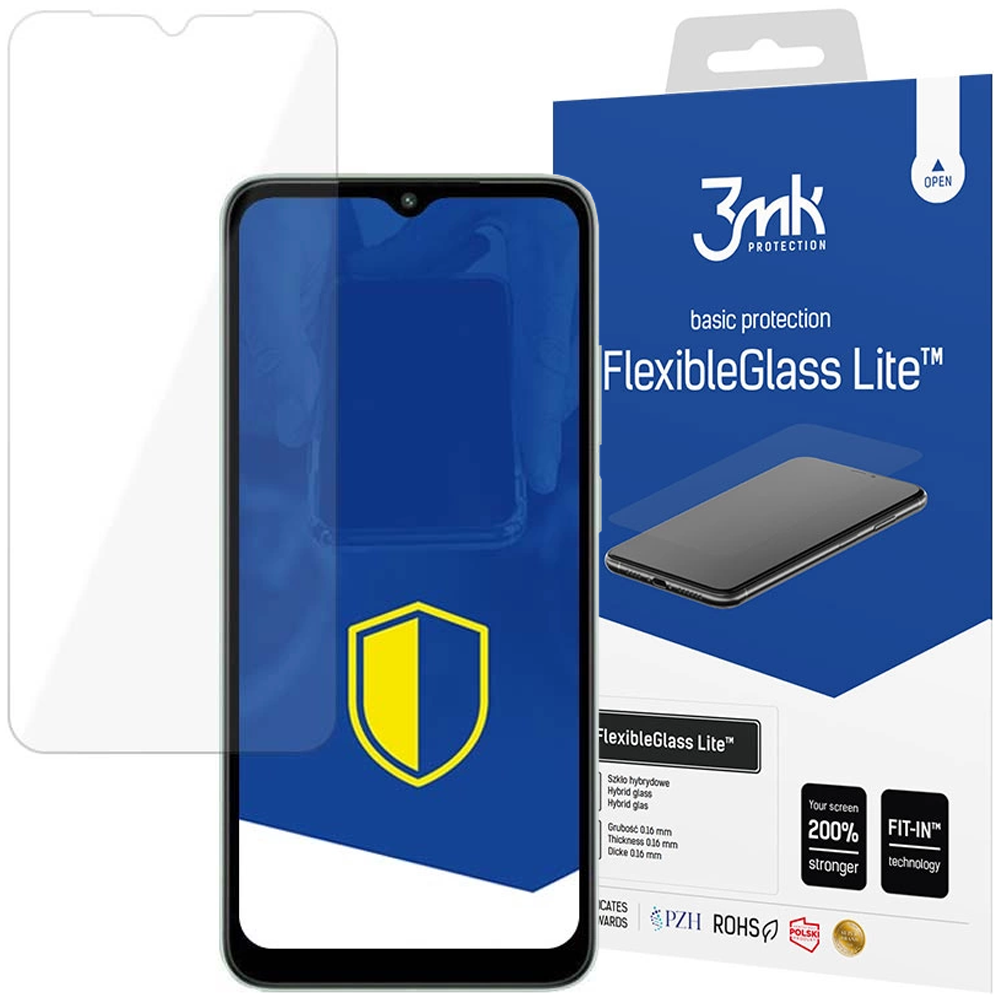Uno smartphone con protezione schermo, una scatola di FlexibleGlass Lite e una protezione schermo trasparente sono esposti.