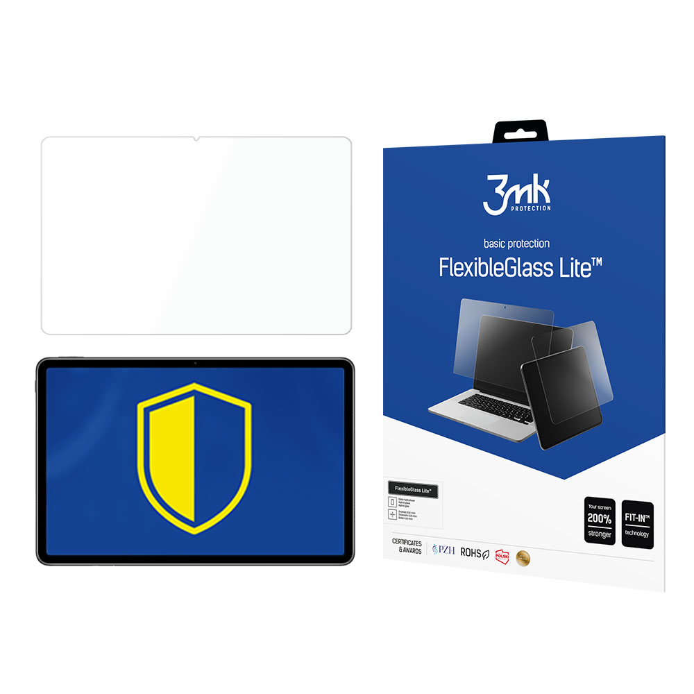 Tablet z żółtą tarczą na niebieskim tle, ochrona ekranu i pudełko z informacjami o produkcie.