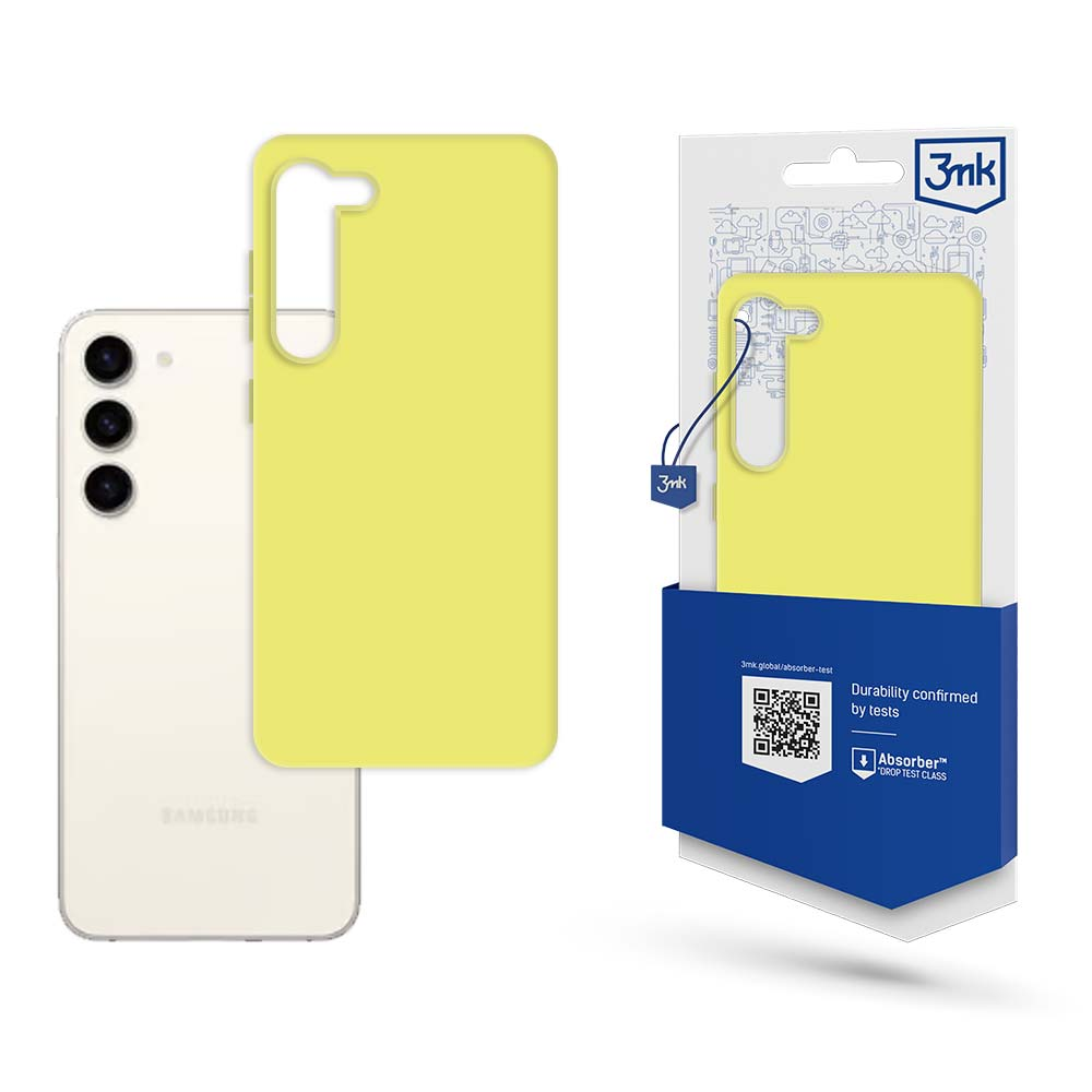 Eine Handyhülle und ein Handy werden gezeigt. Die Hülle ist gelb, das Handy ist weiß. Verpackung rechts mit der Marke '3mk'.