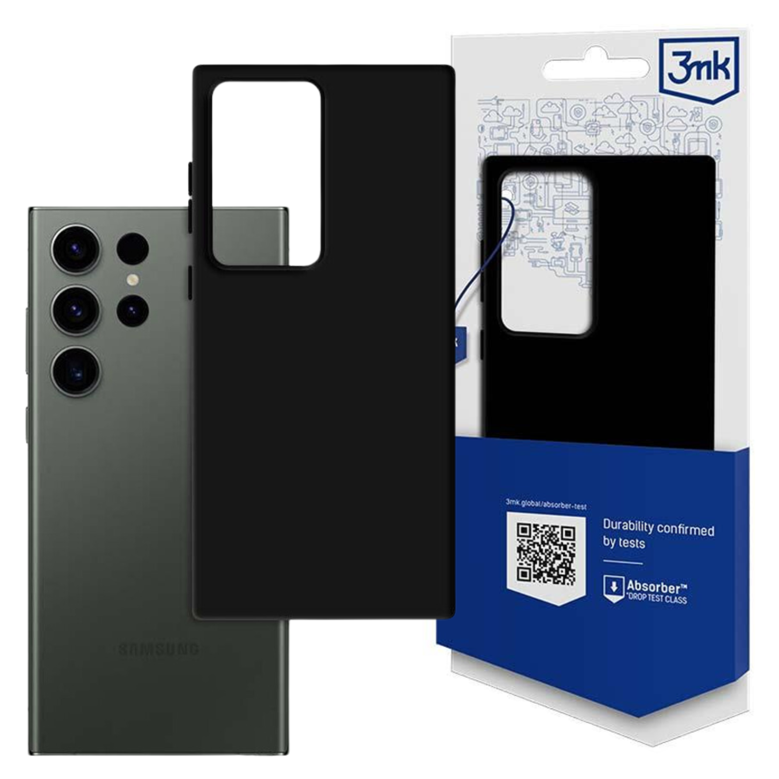 Telefon i czarne etui leżą obok opakowania. Opakowanie ma markę 3mk.