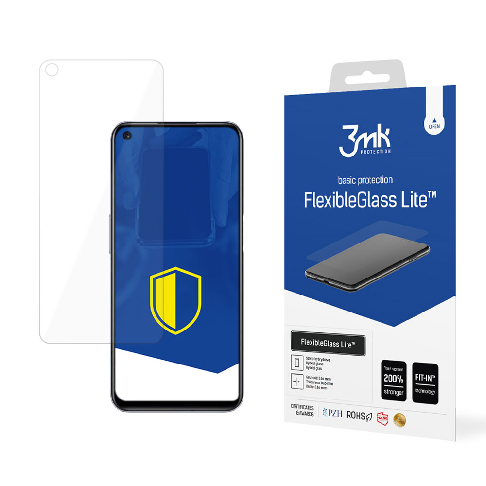 Un proteggi schermo per telefono con un telefono e la sua scatola. La scatola dice FlexibleGlass Lite.