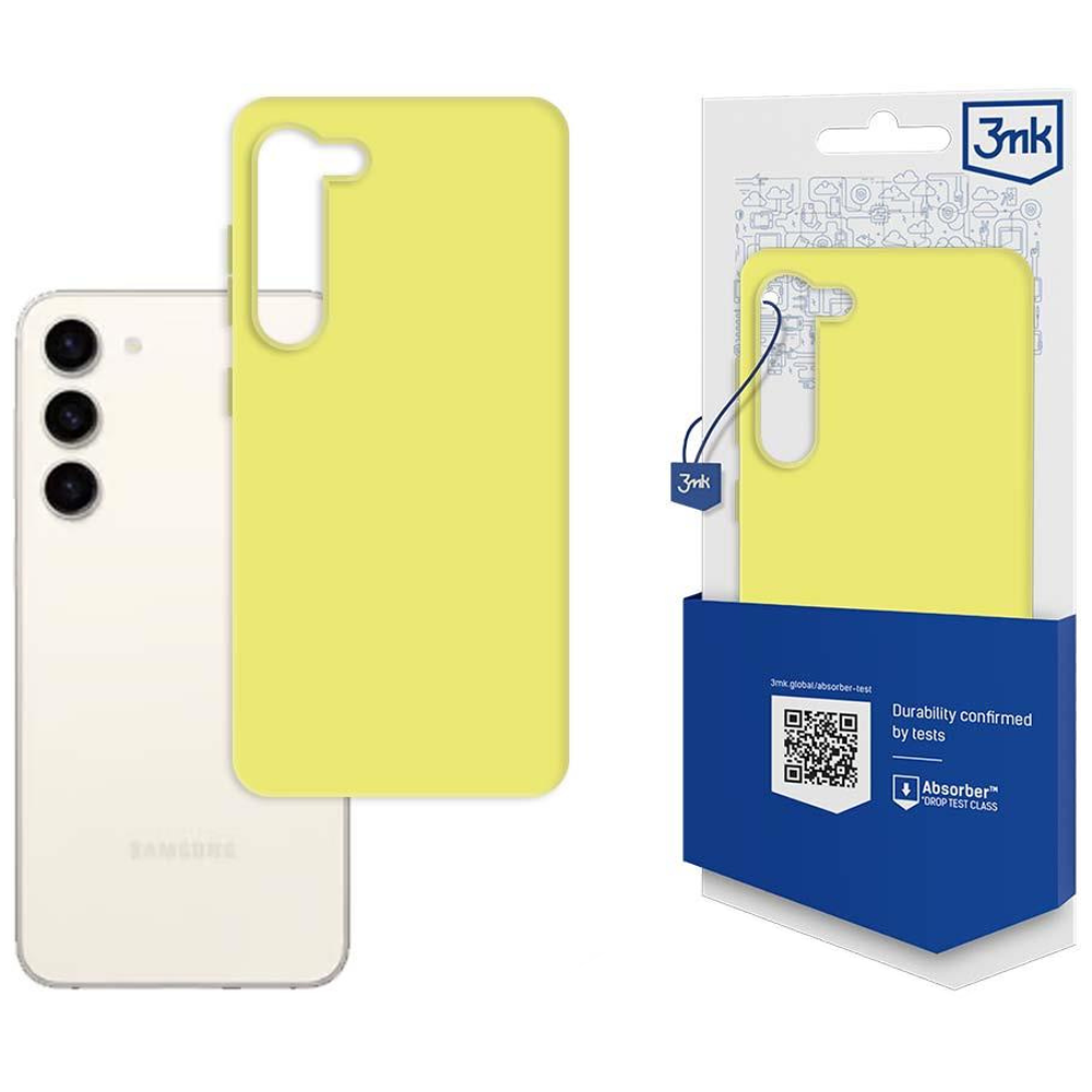 Un telefono e una custodia gialla sono esposti. La custodia è in una confezione. Il telefono è bianco.