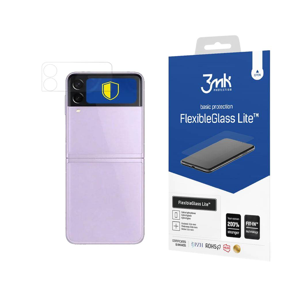 Vengono mostrati un telefono e una scatola di protezione dello schermo. La scatola dice FlexibleGlass Lite. Il telefono è viola e piegato.