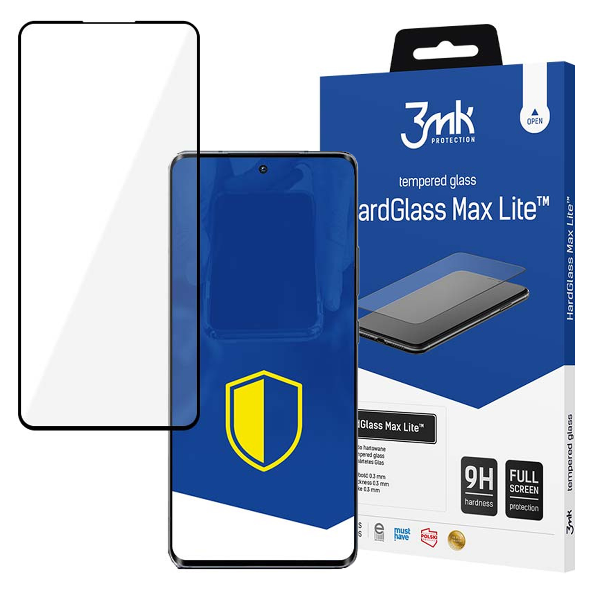 Un telefono e una protezione per lo schermo sono accanto a una scatola blu 3mk. La scatola pubblicizza il vetro temperato HardGlass Max Lite.