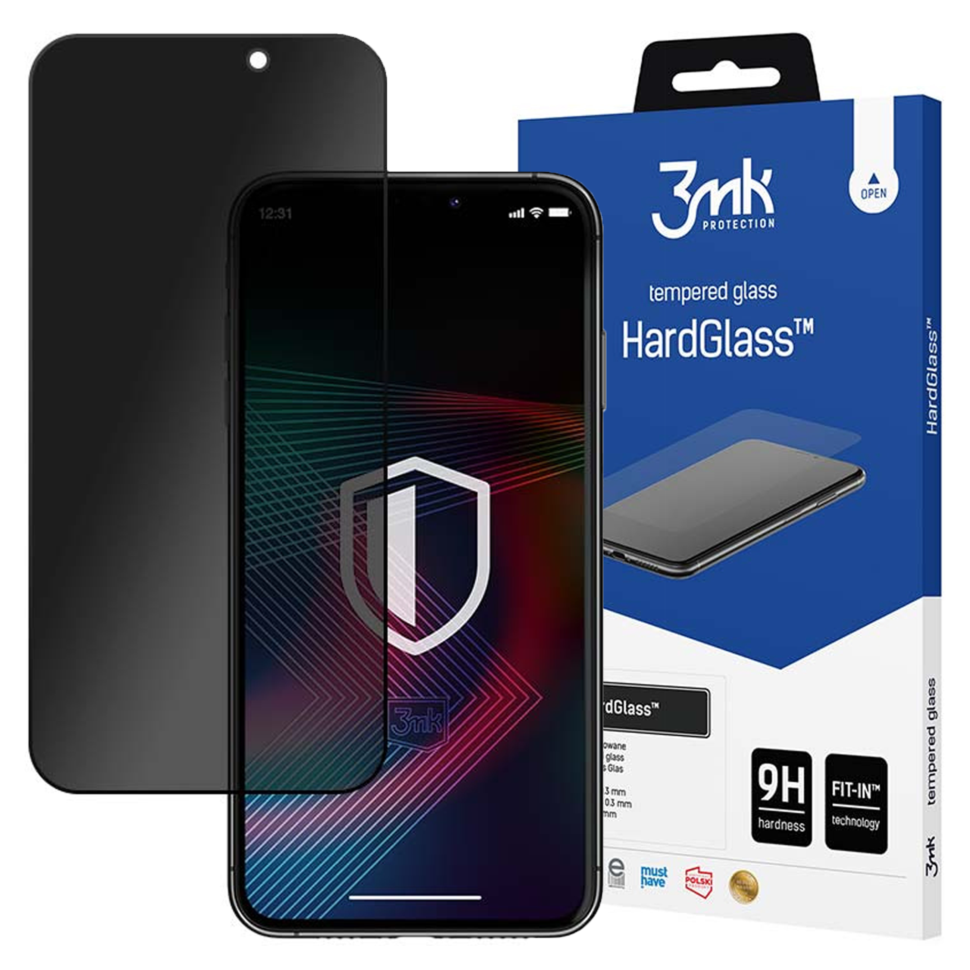 Telefon z ochroną ekranu, pudełko z napisem HardGlass™ i czarna ochrona ekranu.