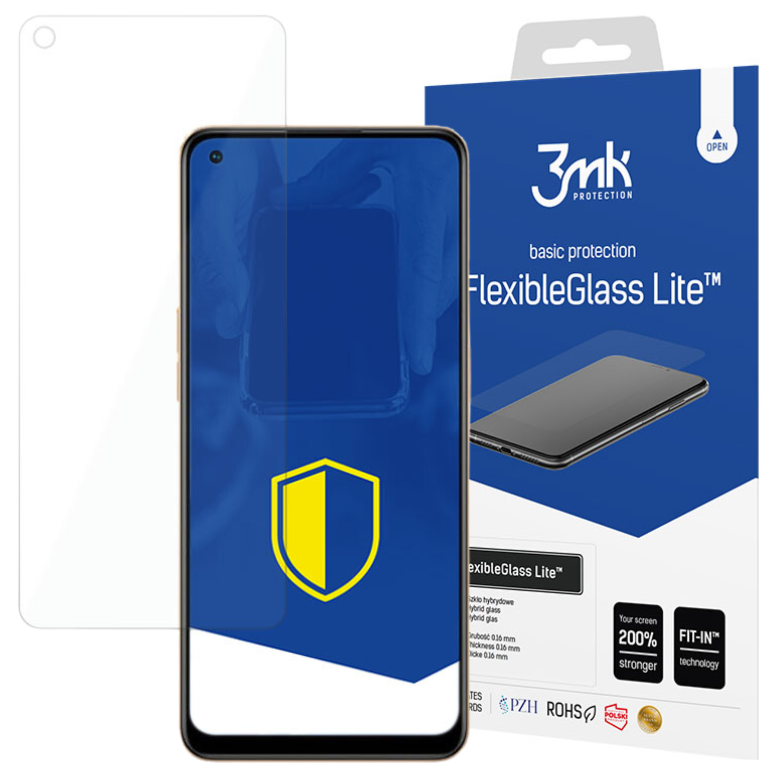 Un telefono con protezione schermo, una scatola con scritto 'FlexibleGlass Lite' e un logo a scudo.