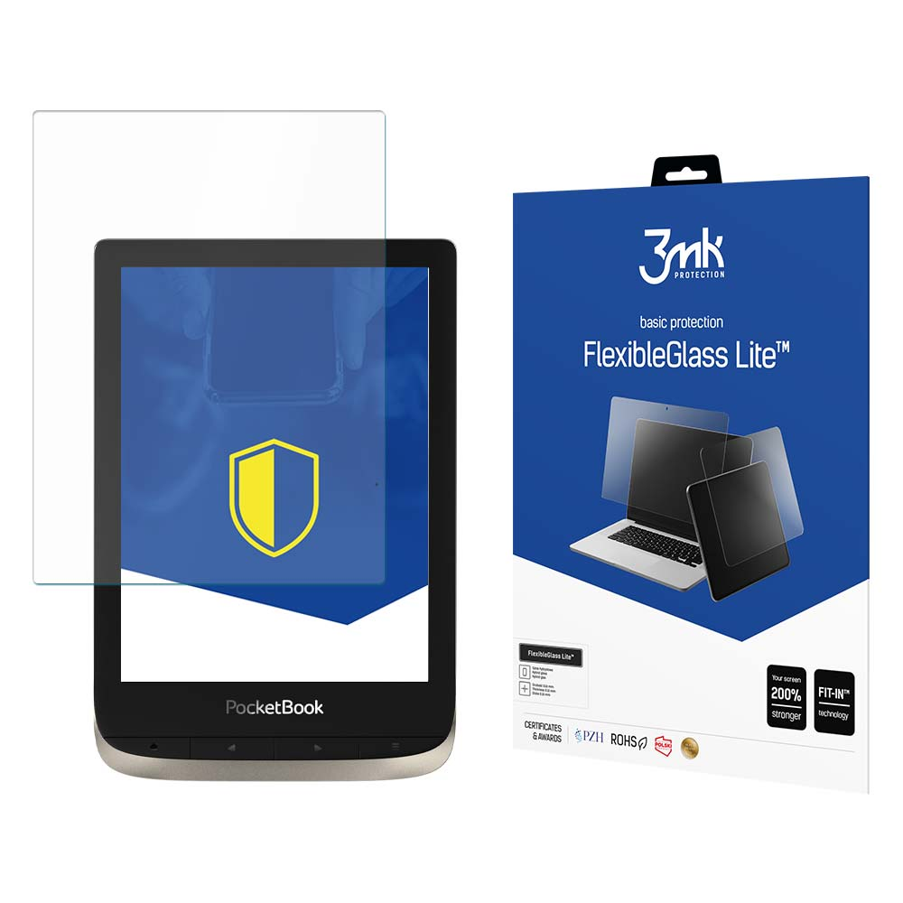 Un lector electrónico con protector de pantalla y una caja de protector de pantalla. El lector muestra un logo de escudo.