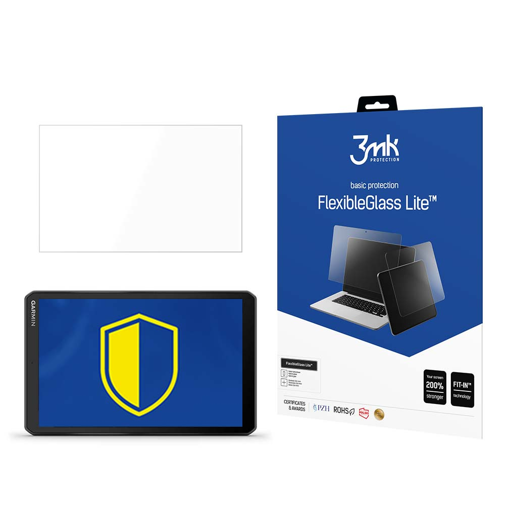 Un tablet con scudo giallo, una protezione schermo e una scatola blu con immagine di laptop e testo.