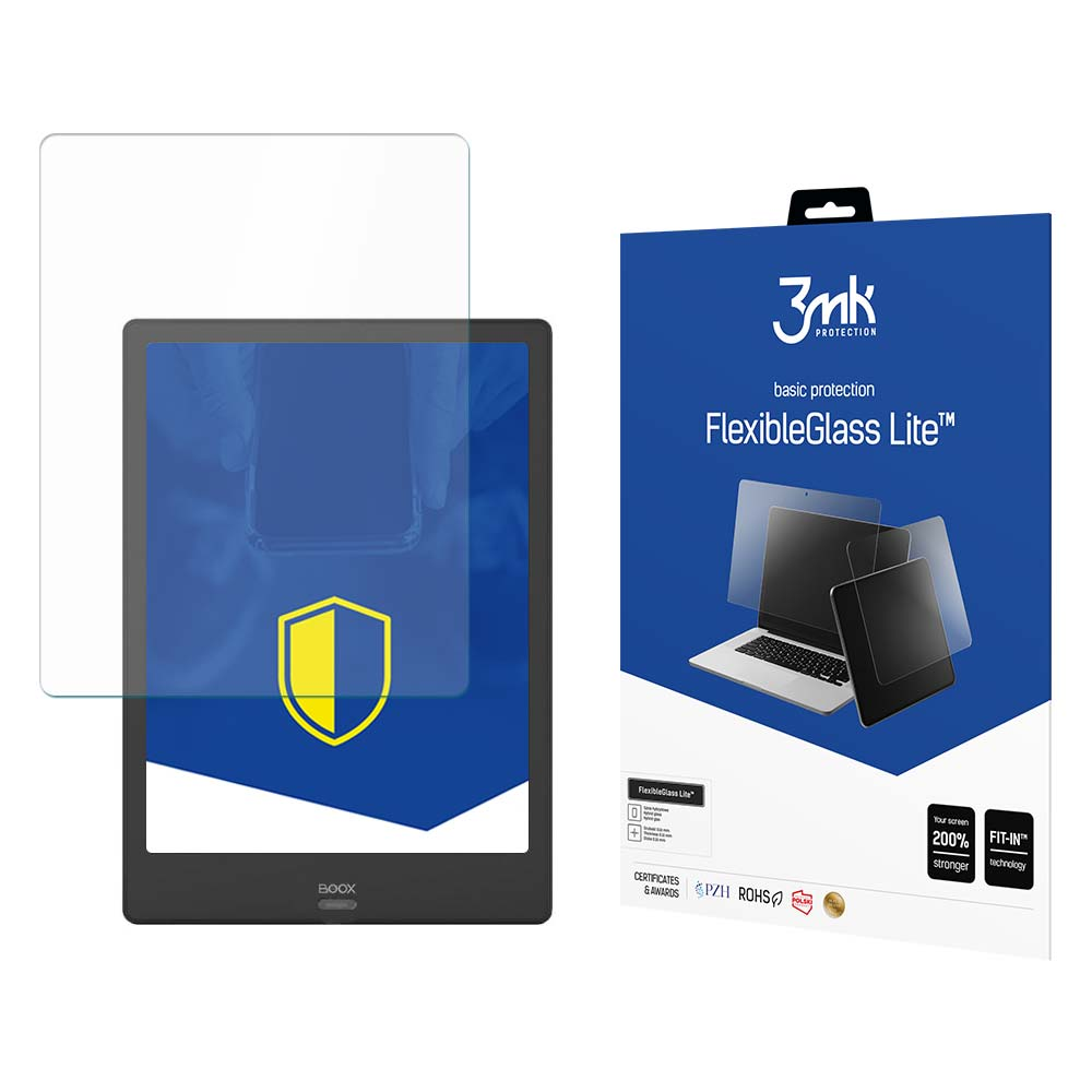 Un proteggi schermo e un tablet con un logo a scudo. Una scatola mostra un proteggi schermo per laptop e telefono. Testo: 'FlexibleGlass Lite'.