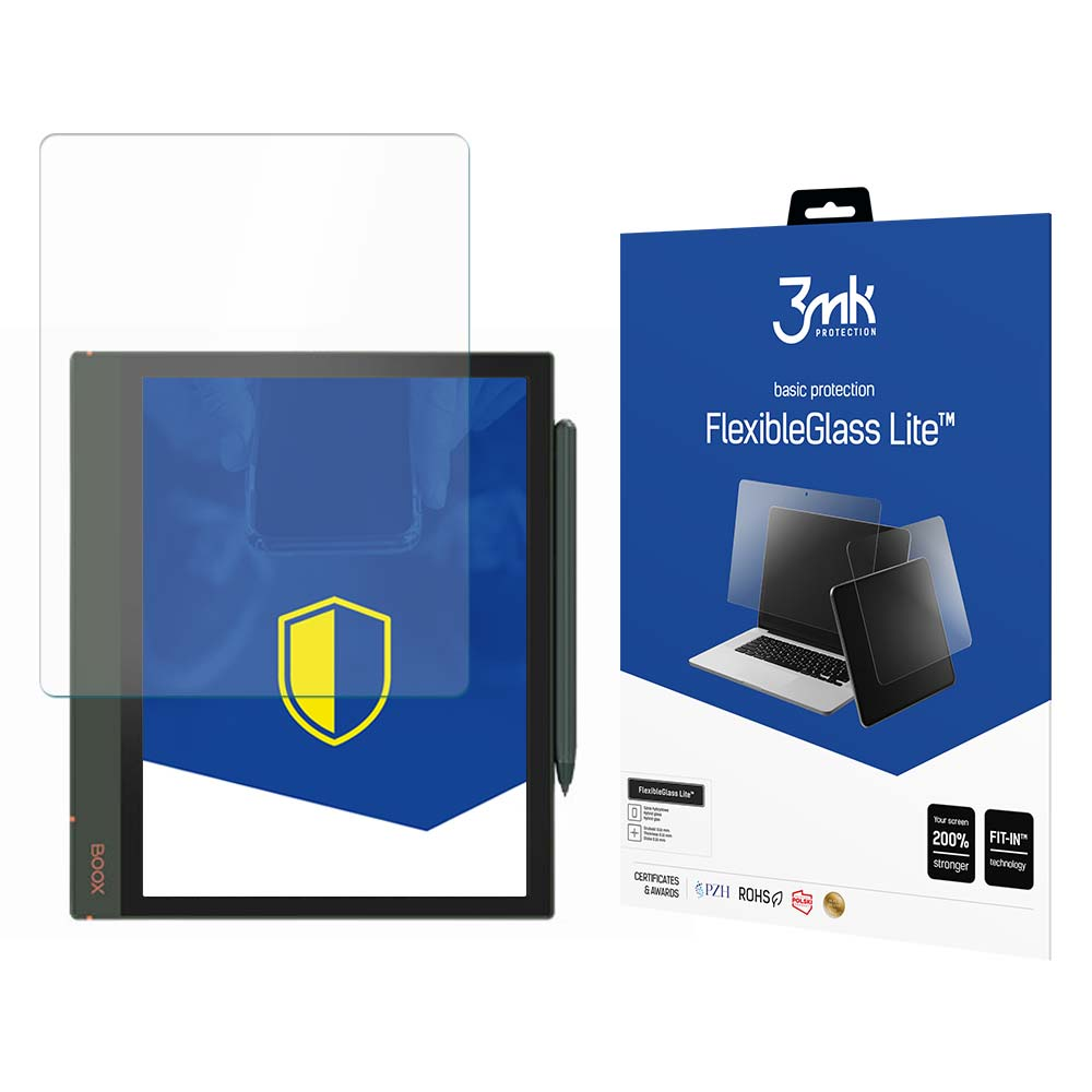 Un tablet con protezione schermo e una scatola di protezione schermo. Il tablet ha una penna e la scatola è blu.