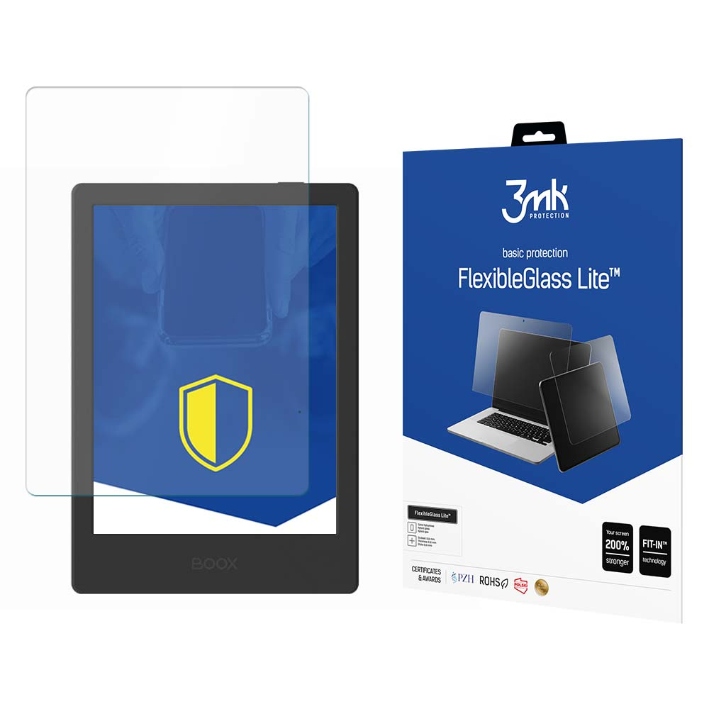Un e-reader con una protezione per lo schermo e una scatola blu con un'immagine di un laptop. La scatola dice 'FlexibleGlass Lite'.