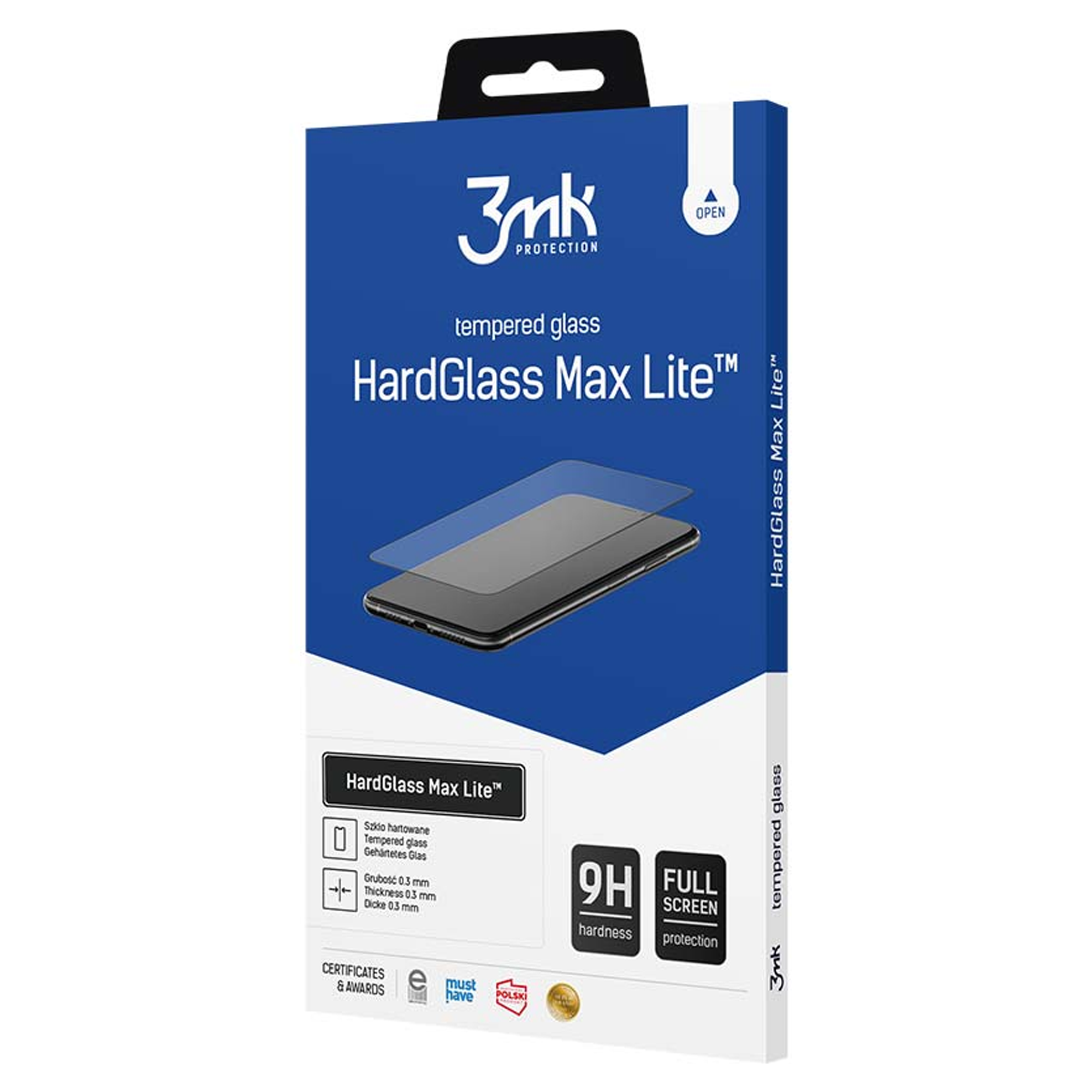 Scatola di protezione schermo in vetro temperato HardGlass Max Lite per telefono. È blu con immagine di telefono e vetro.