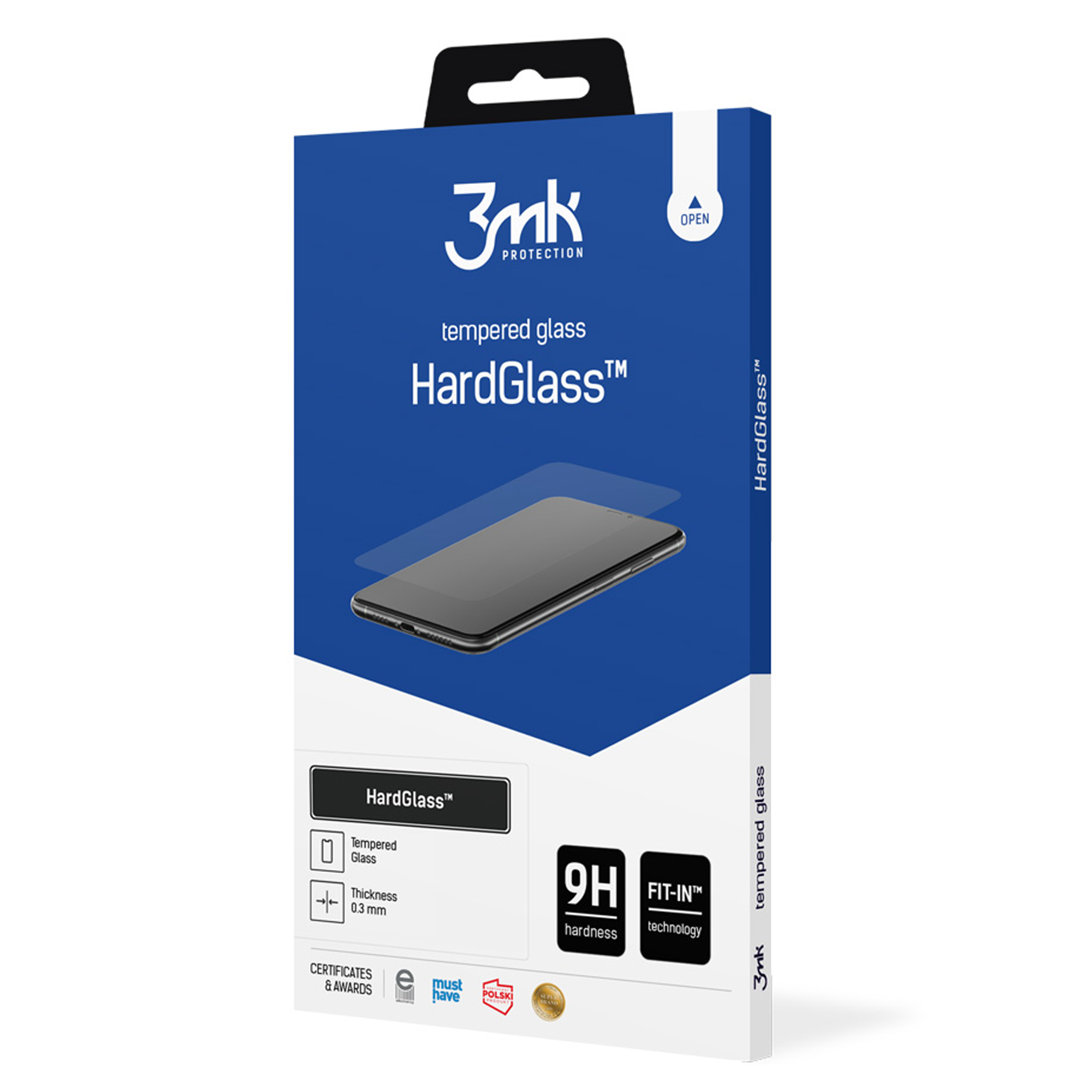 Una confezione di protezione per schermo. È blu e bianca, con il marchio 3mk e il nome HardGlass.