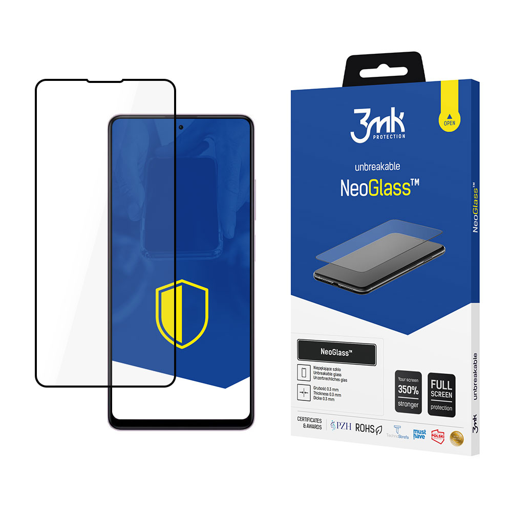 Un proteggi schermo e una scatola. Il proteggi schermo è nero, la scatola blu, entrambi con il marchio NeoGlass.