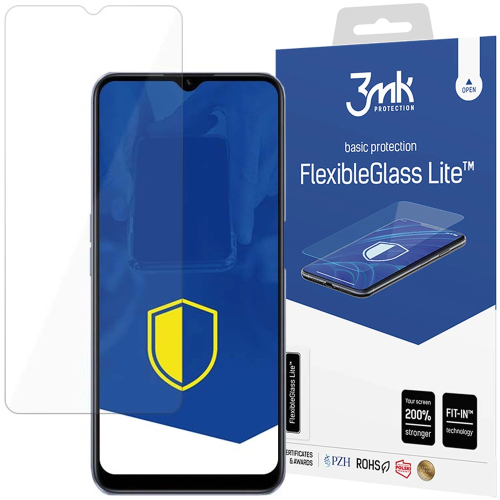 Uno smartphone con protezione schermo e la sua confezione. La confezione mostra un telefono e una protezione. Lo sfondo è blu.
