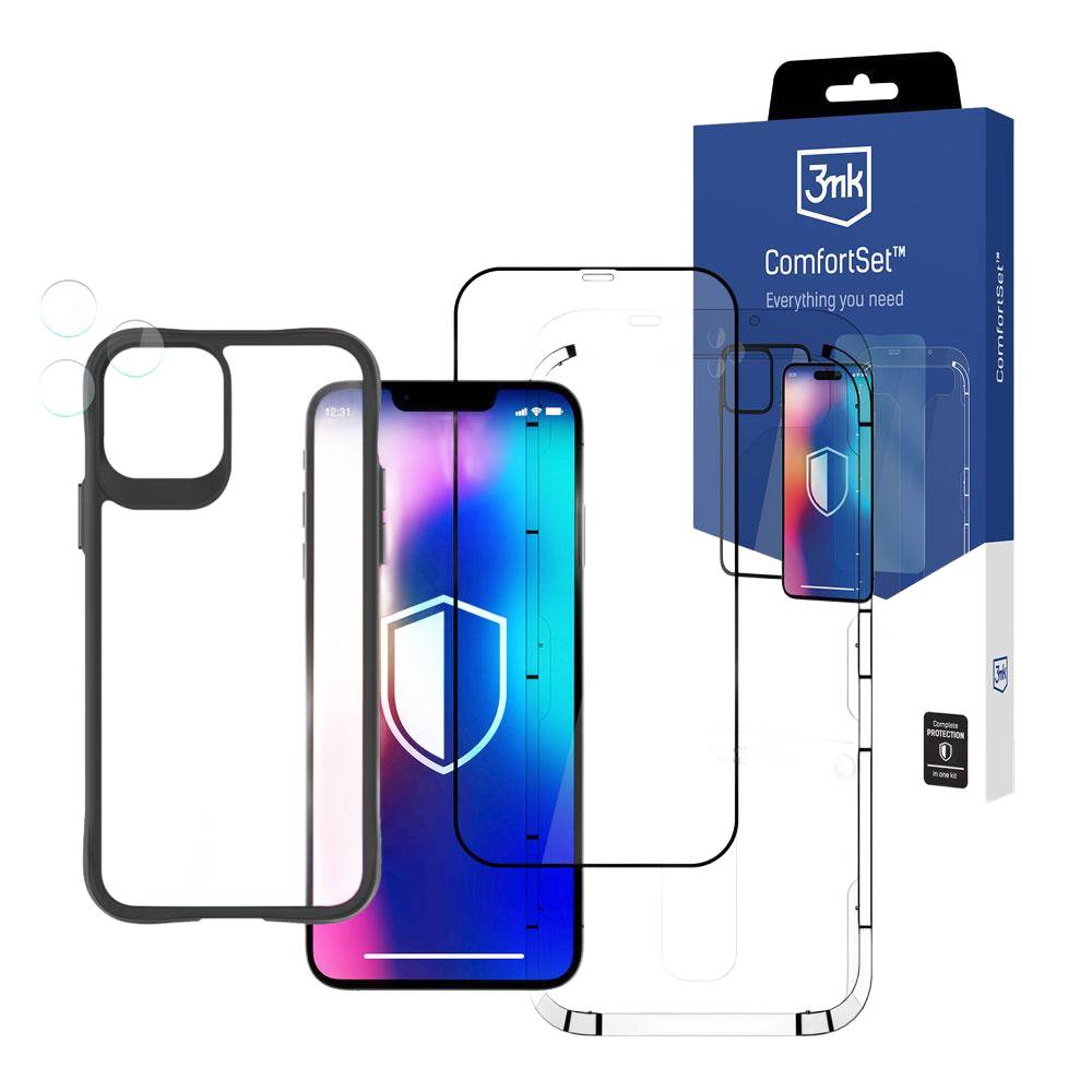 Un kit di protezione dello schermo del telefono, che include una custodia e una protezione per lo schermo, con display del telefono visibile.