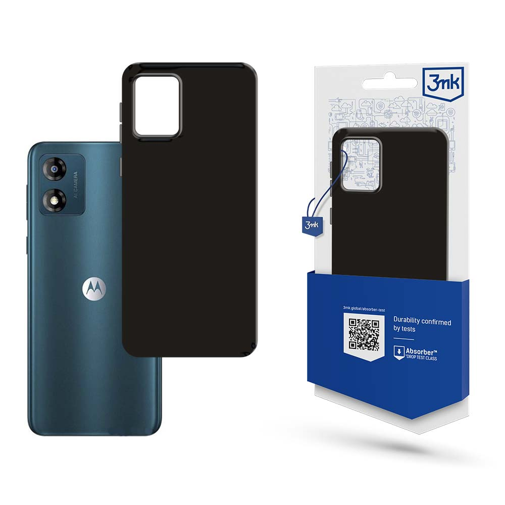 Telefon, czarne etui i opakowanie. Telefon jest niebieski z aparatem i logo. Etui jest czarne. Opakowanie pokazuje logo i kod QR.