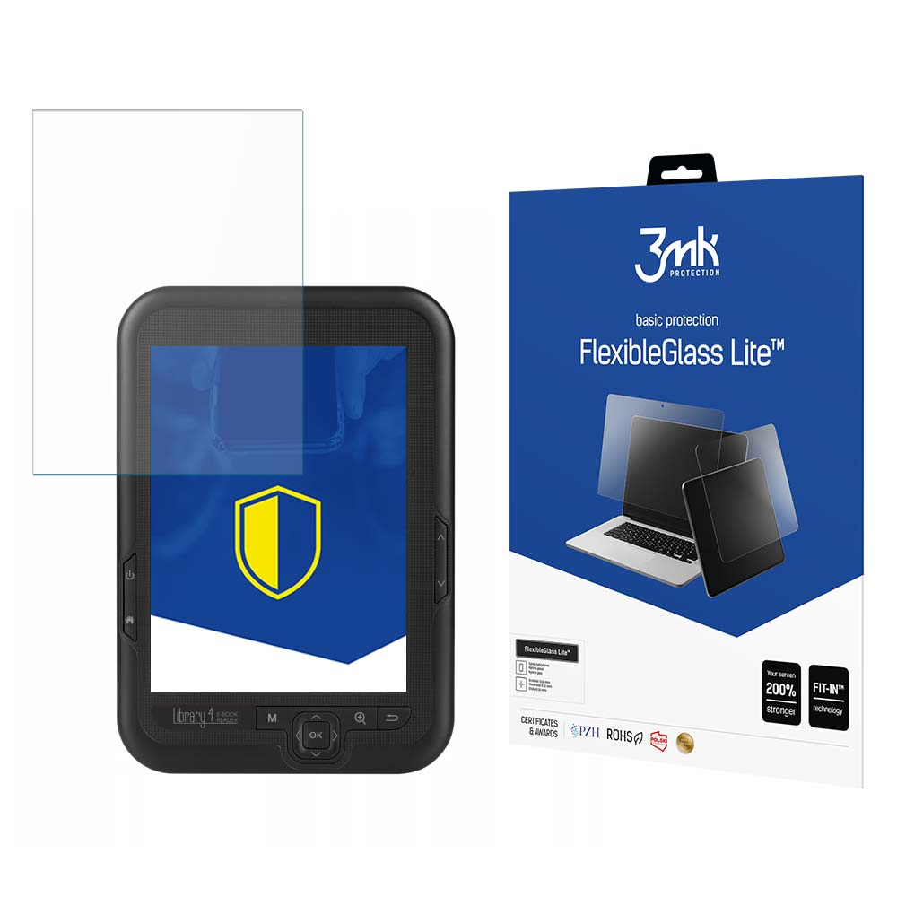 Un e-reader con protezione schermo, una confezione del prodotto e un foglio di vetro separato su sfondo bianco.