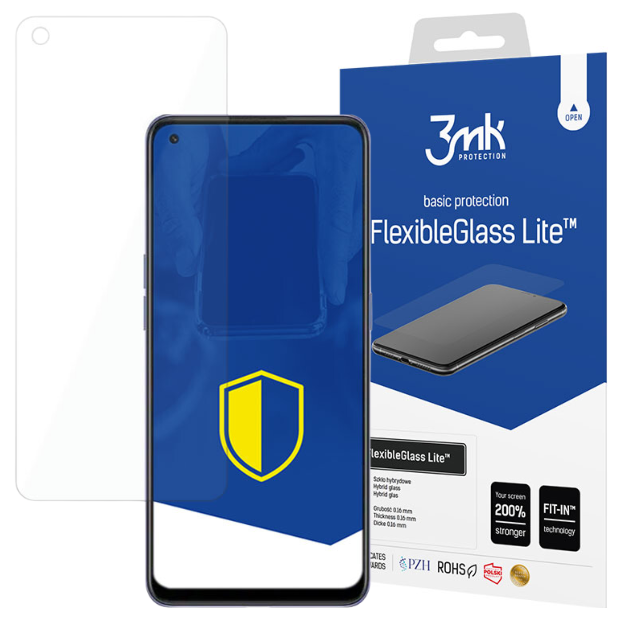 Telefon z ochroną ekranu, pudełko z tekstem i logo tarczy są widoczne.