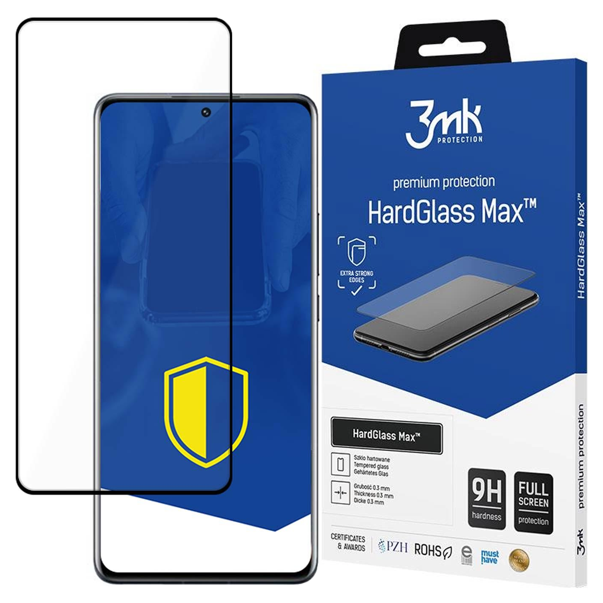 Un proteggi schermo con una scatola blu. Dice HardGlass Max e 3mk. Ha un'icona a scudo.