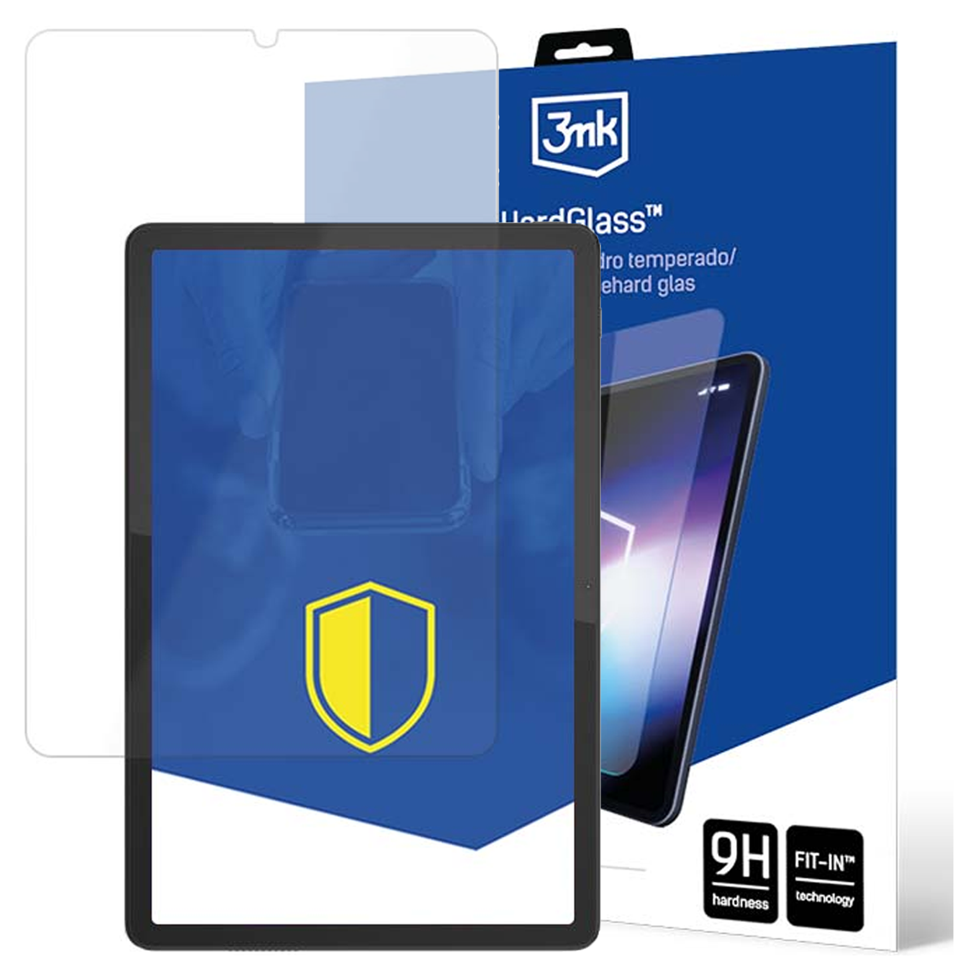 Un proteggi schermo per tablet con logo blu e giallo e sfondo blu.