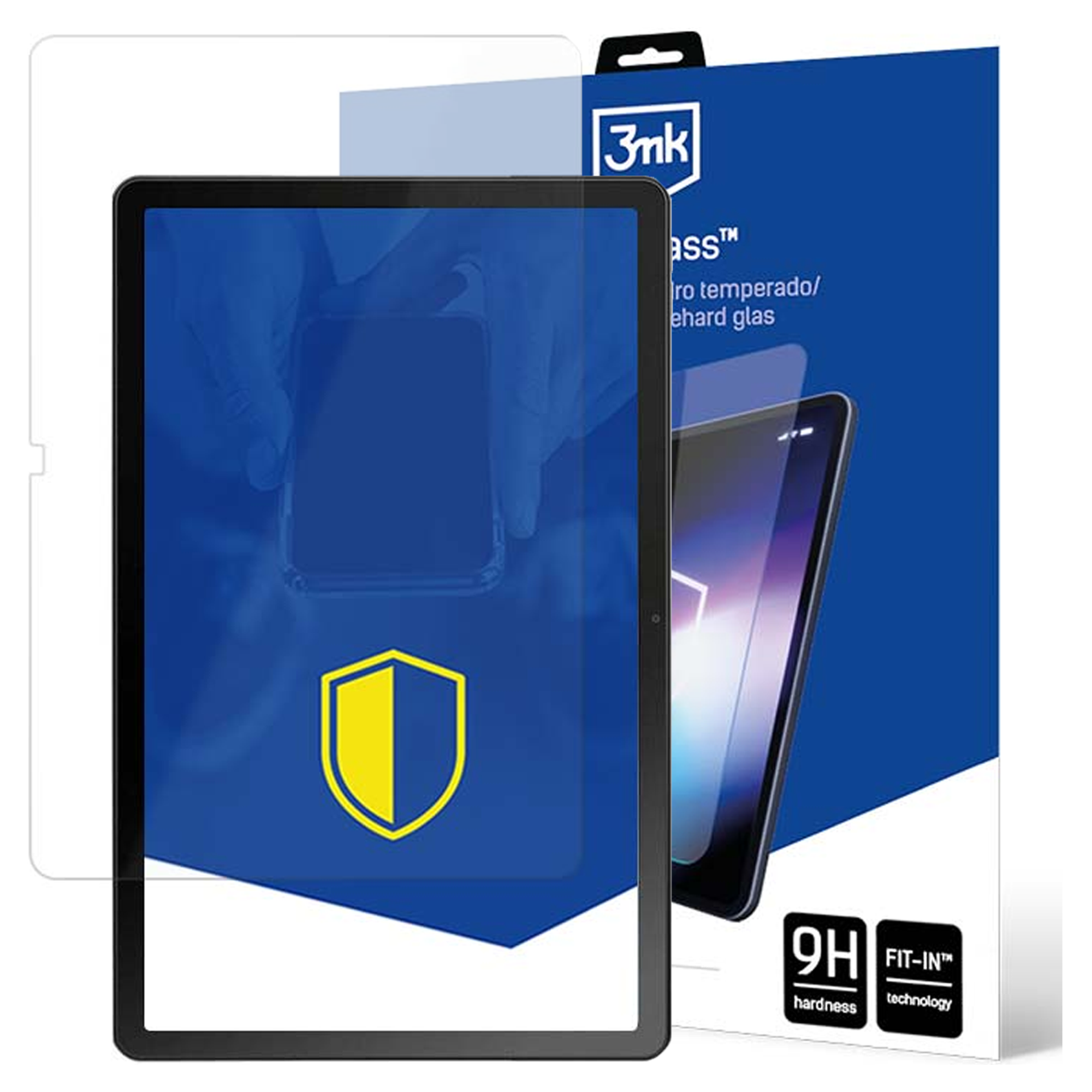 Folia ochronna na ekran tabletu w opakowaniu. Ochraniacz jest na tablecie.