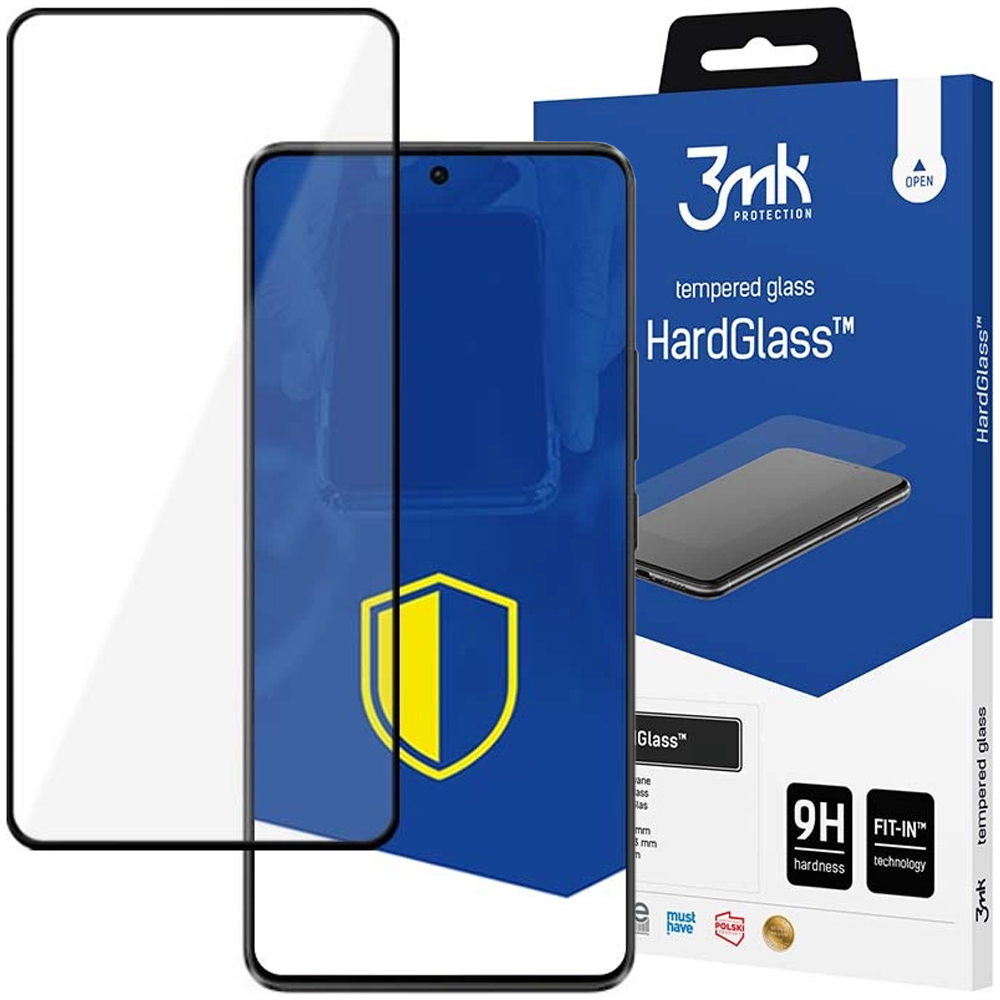 Telefon z ochraniaczem ekranu, pudełko ze szkłem hartowanym. Na pudełku znajduje się marka 3mk i napis HardGlass.