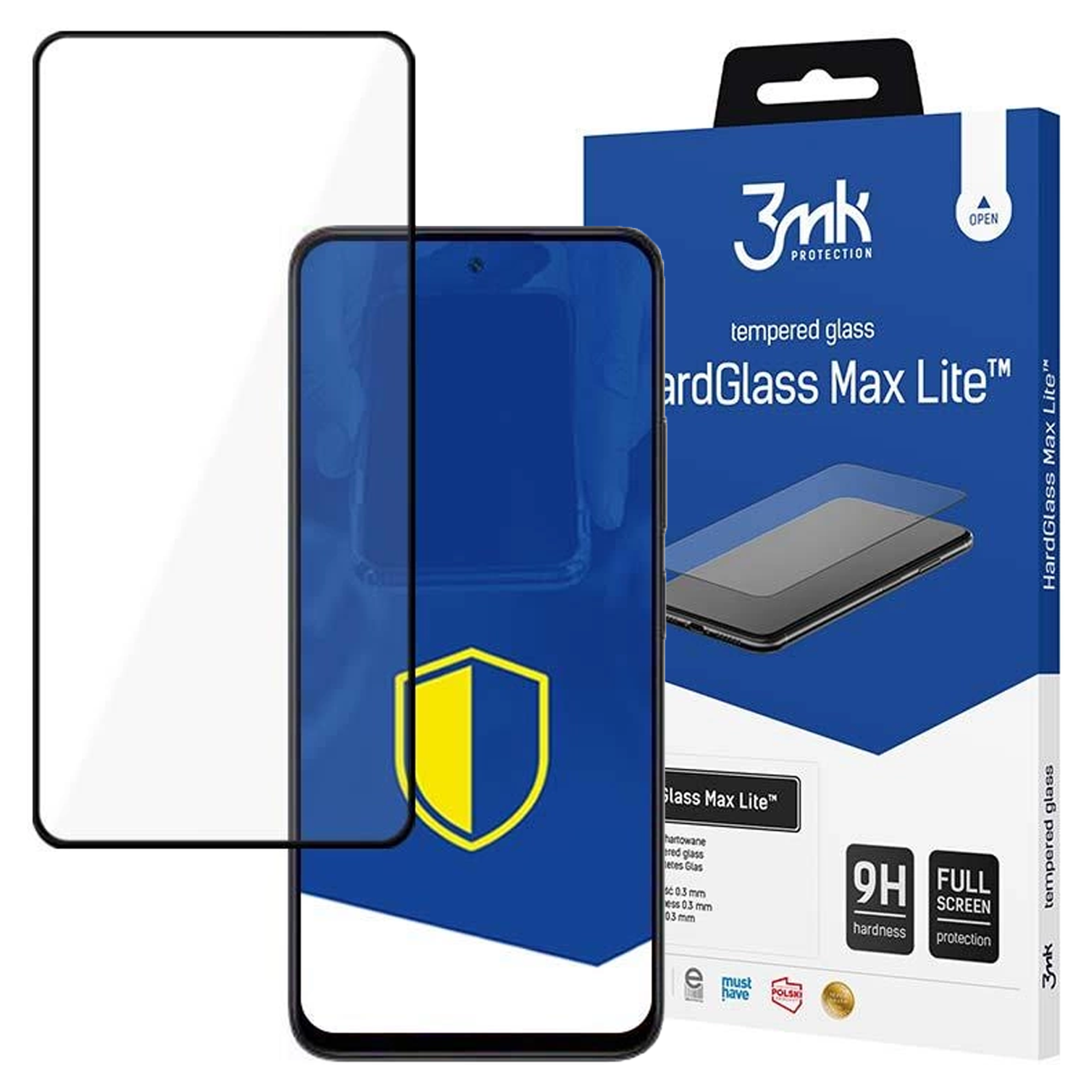 Telefon z ochraniaczem ekranu i pudełko ze słowami 'HardGlass Max Lite' i 'szkło hartowane'.