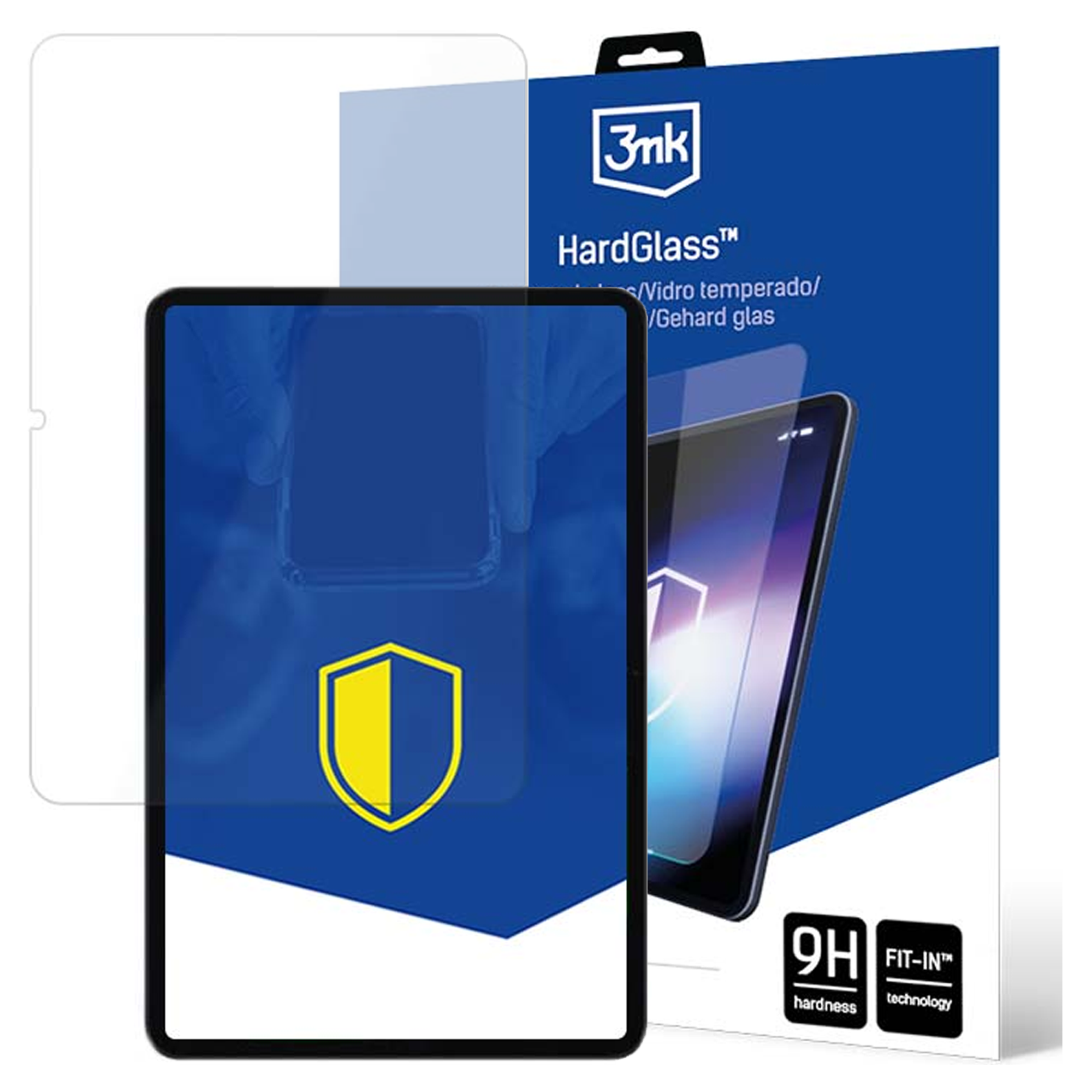 Opakowanie ochraniacza ekranu. Pokazano tablet z ochraniaczem na ekranie. Pudełko jest niebieskie, z tekstem.