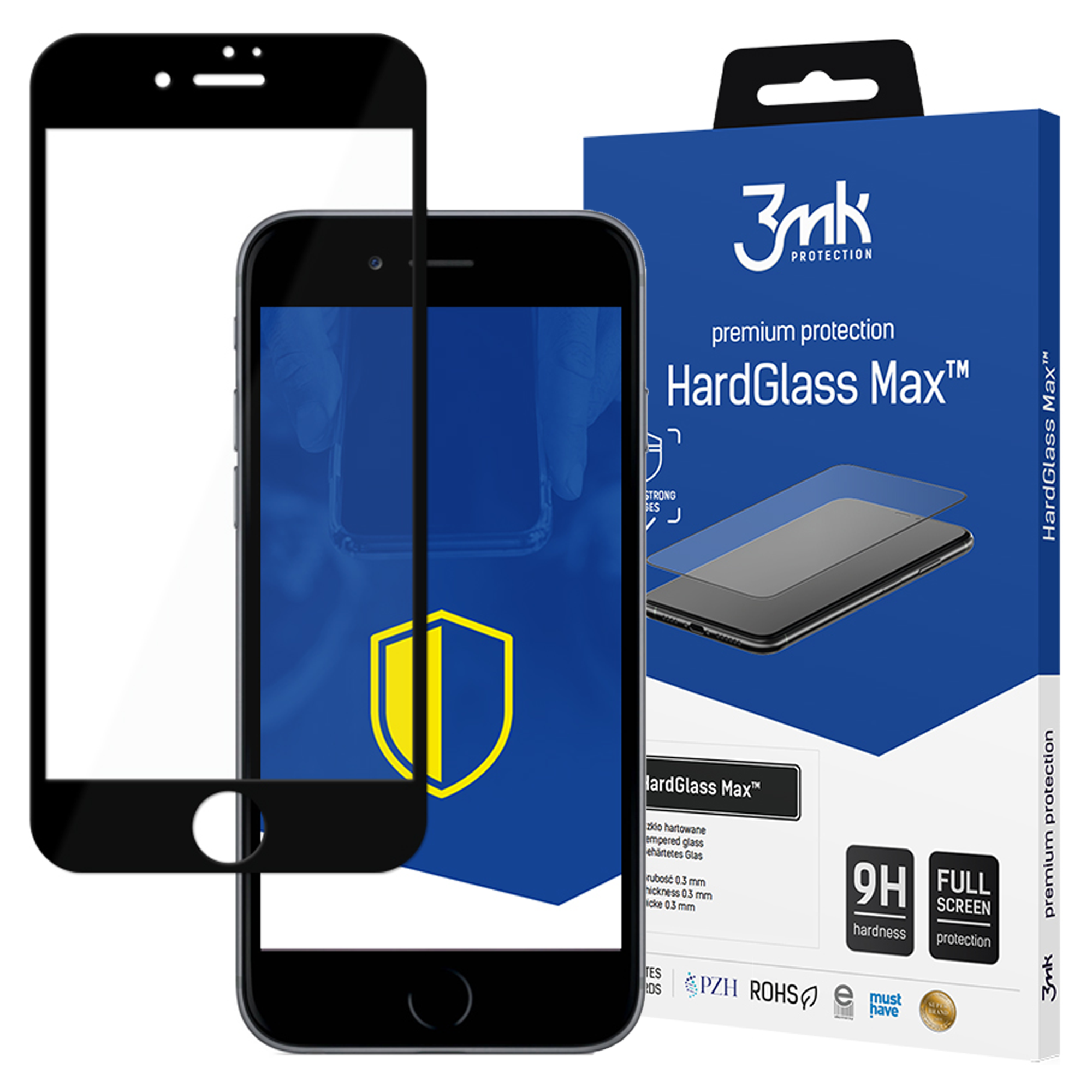 Telefon z ochraniaczem ekranu i pudełkiem HardGlass Max. Obecne są kolory niebieski i żółty.