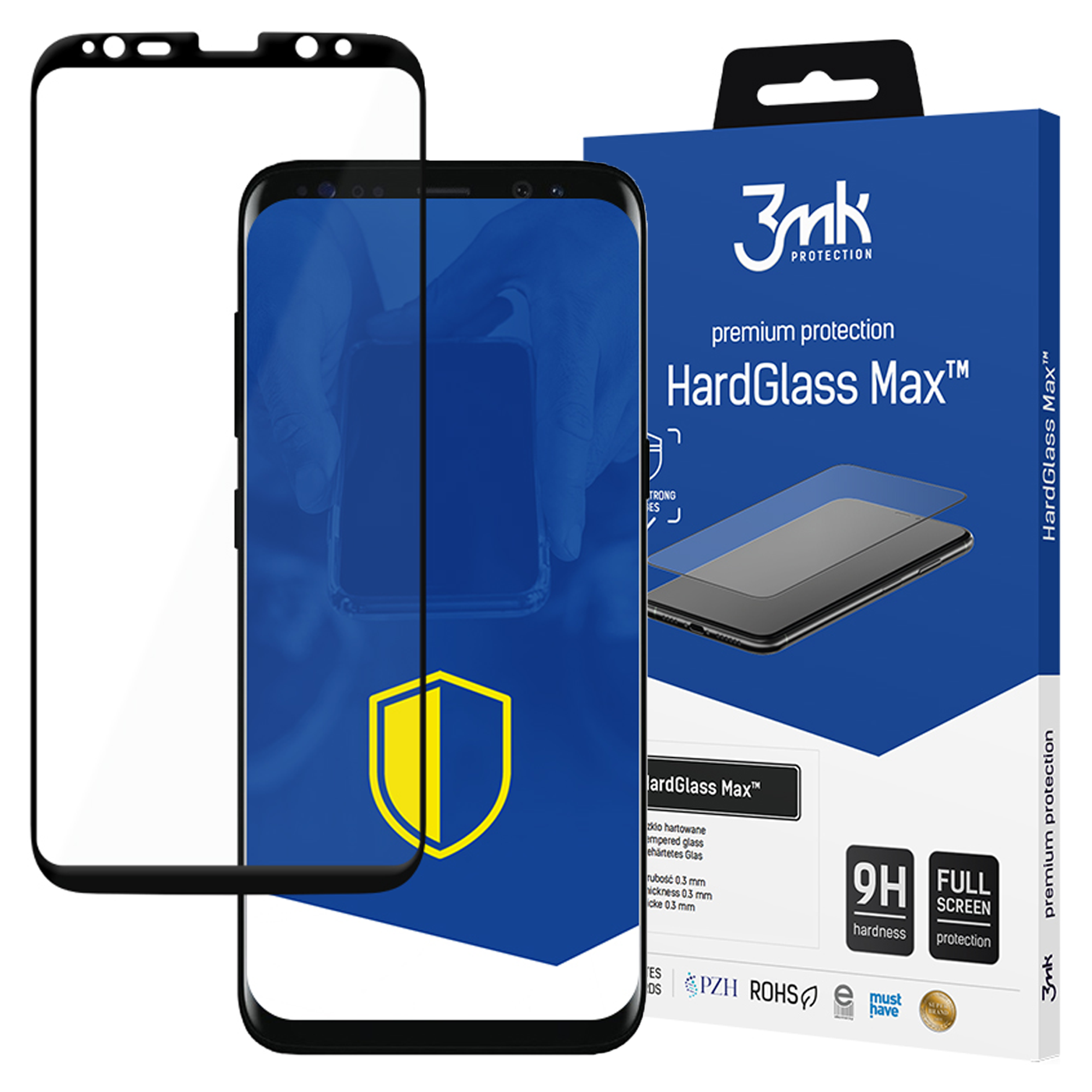 Un proteggi schermo e una scatola. La scatola dice 'HardGlass Max' e 'premium protection'.
