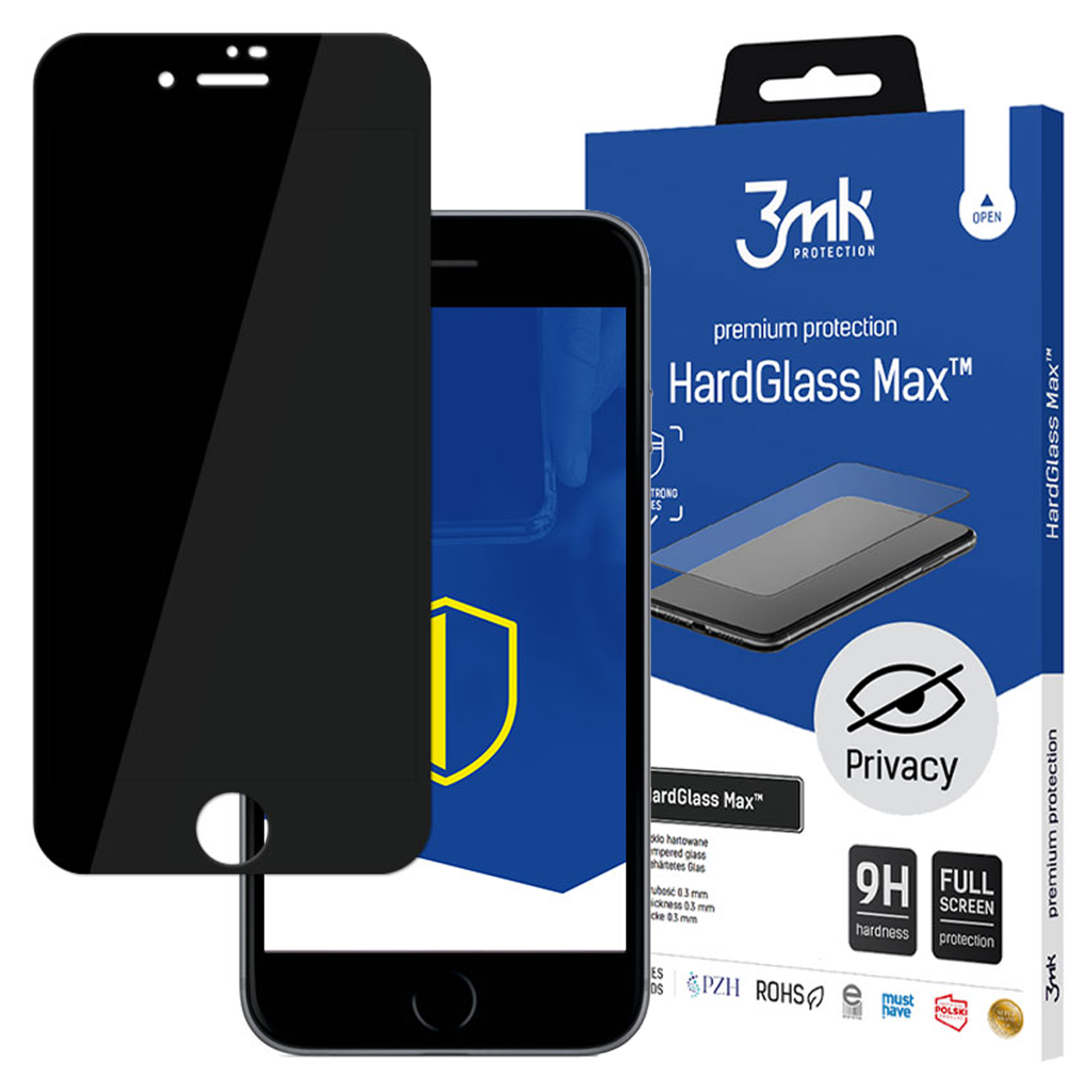 Un telefono con protezione schermo, una scatola del prodotto con il testo 'HardGlass Max' e un logo privacy.