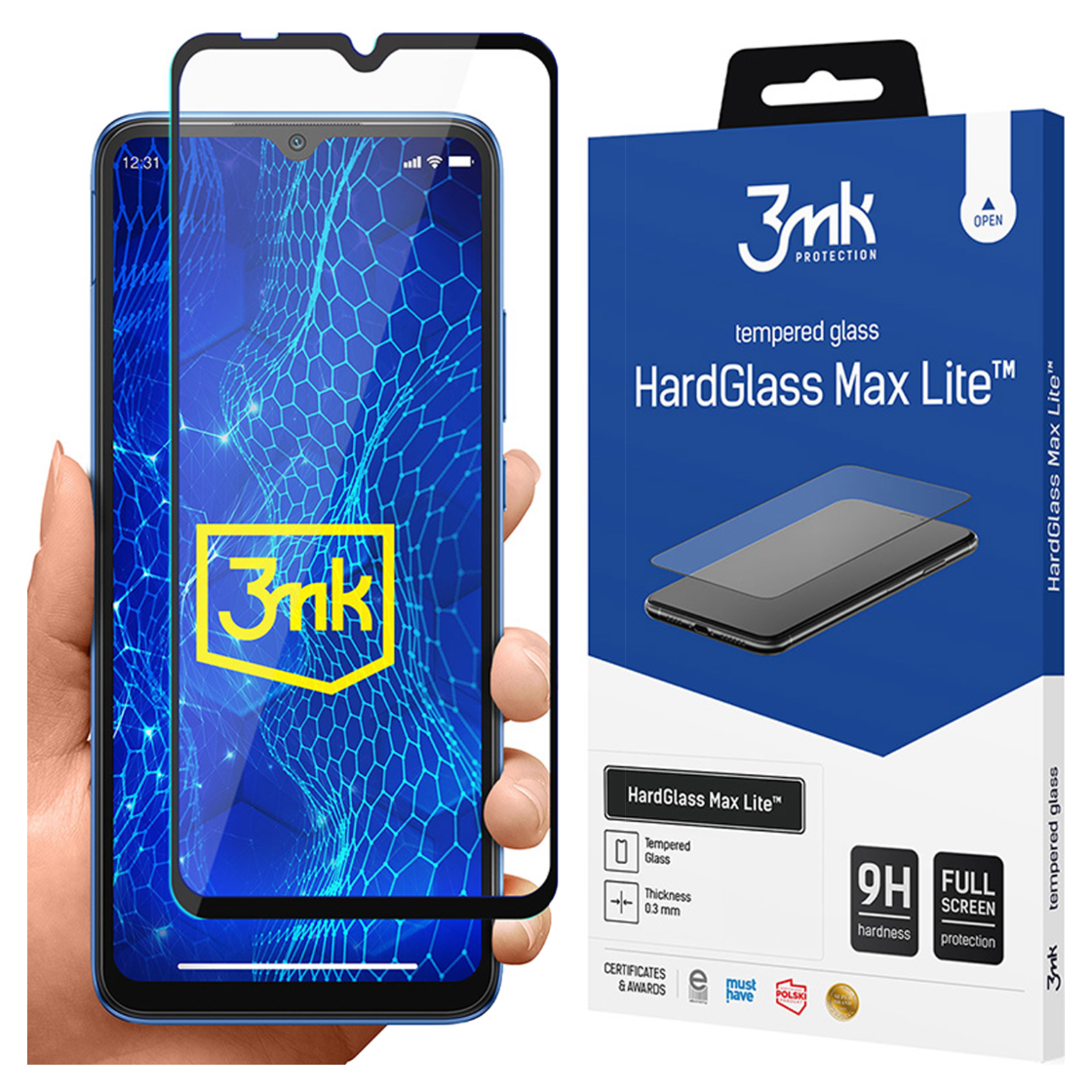 Dłoń trzyma smartfon z ochroną ekranu. Po prawej pudełko HardGlass Max Lite.
