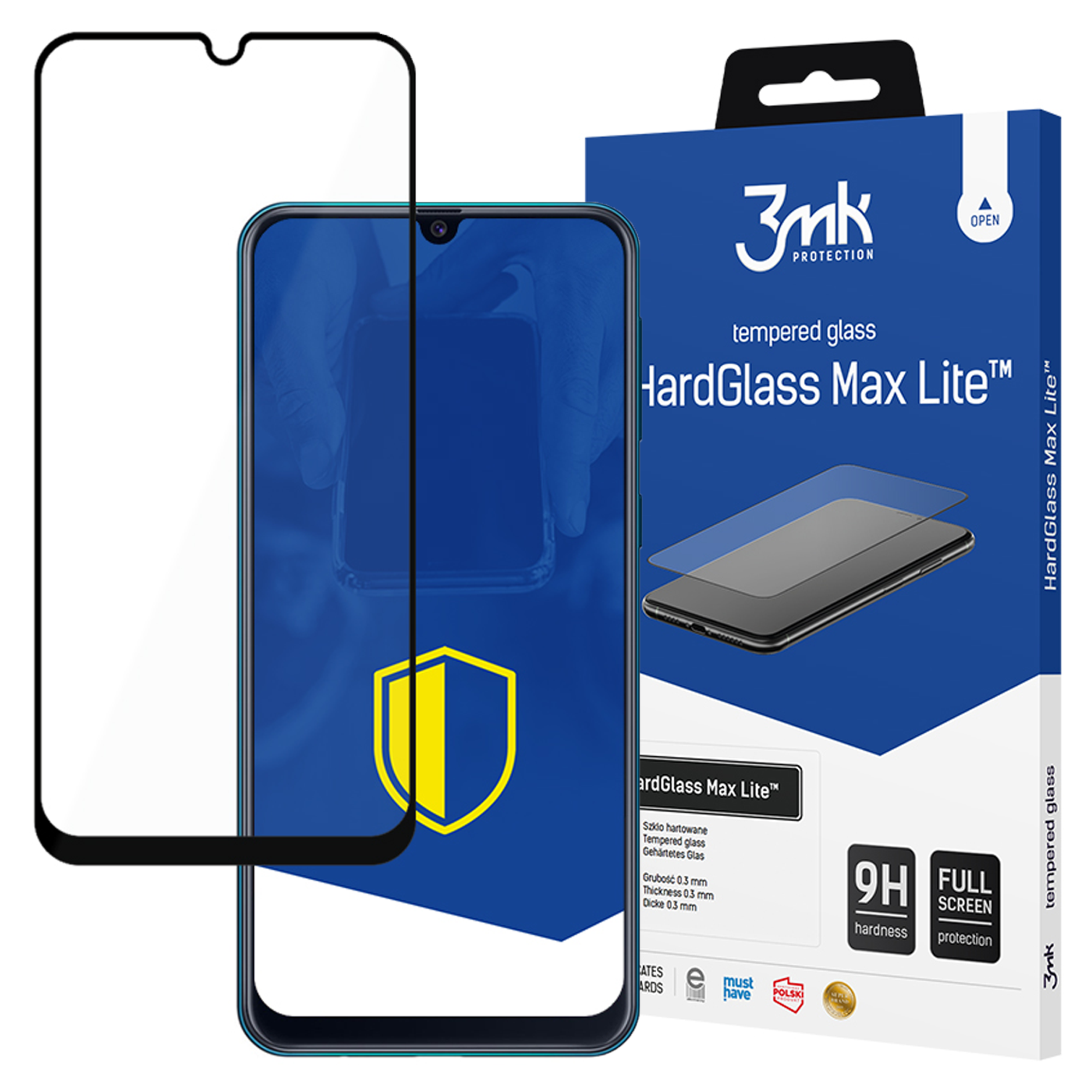 Un telefono con protezione schermo, HardGlass Max Lite, e la sua confezione. Dominano i colori blu e bianco.