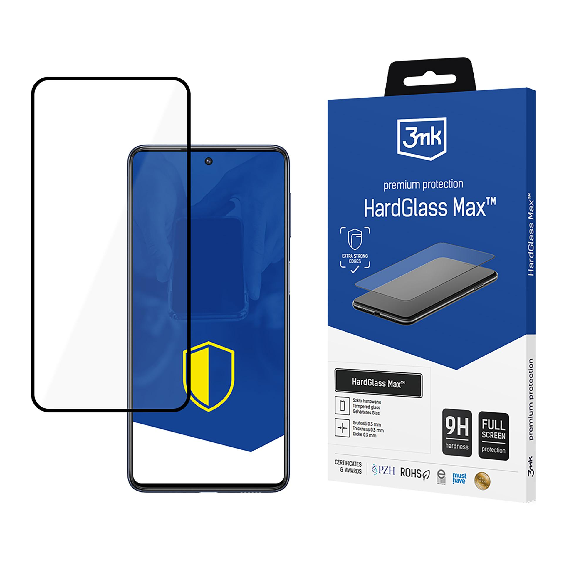 Ochraniacz ekranu telefonu i pudełko. Pudełko jest niebieskie z białym tekstem, ochraniacz przezroczysty.