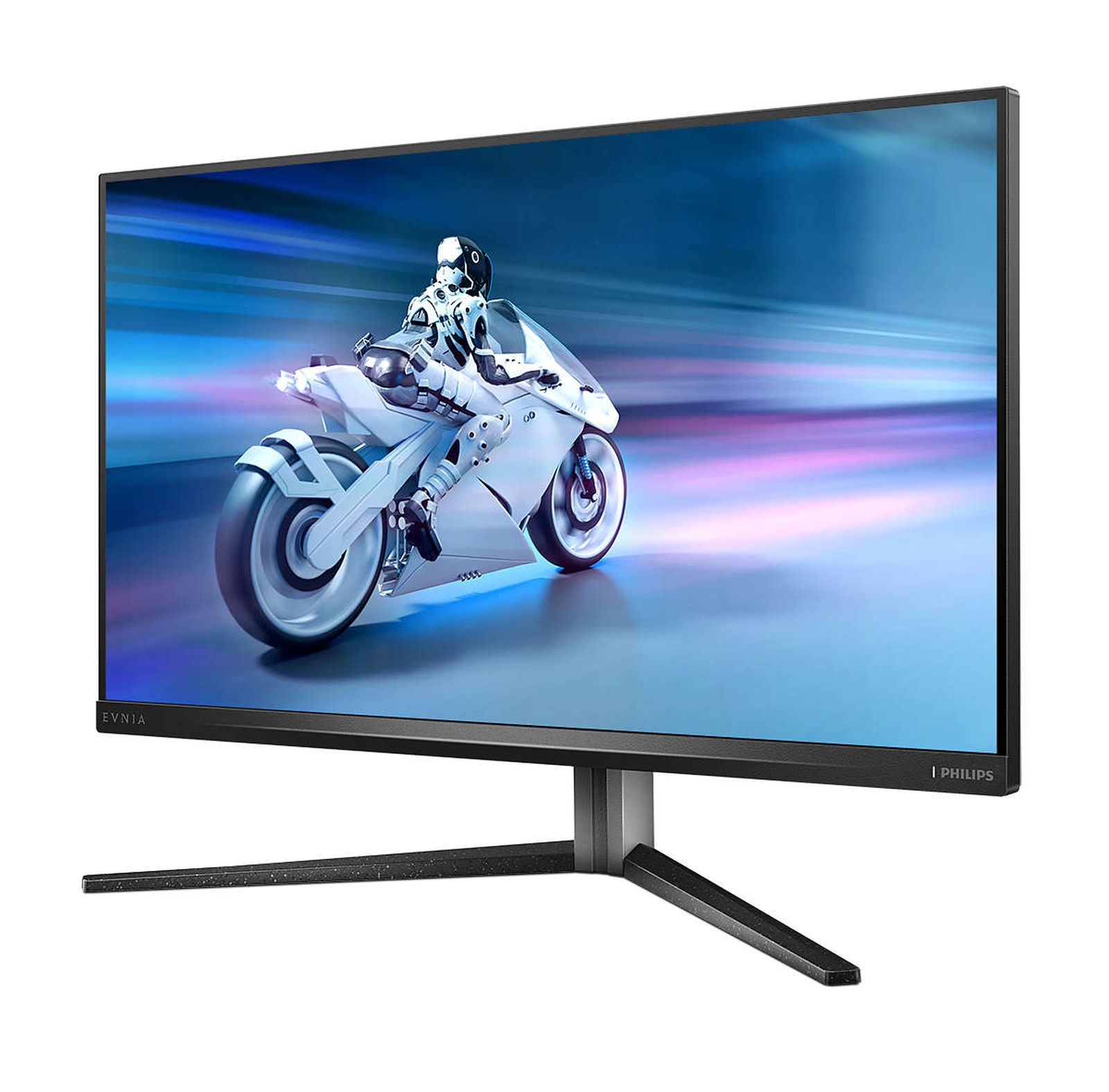 Un monitor per computer mostra una scena di corse motociclistiche futuristica. Il monitor ha una cornice nera e un supporto.