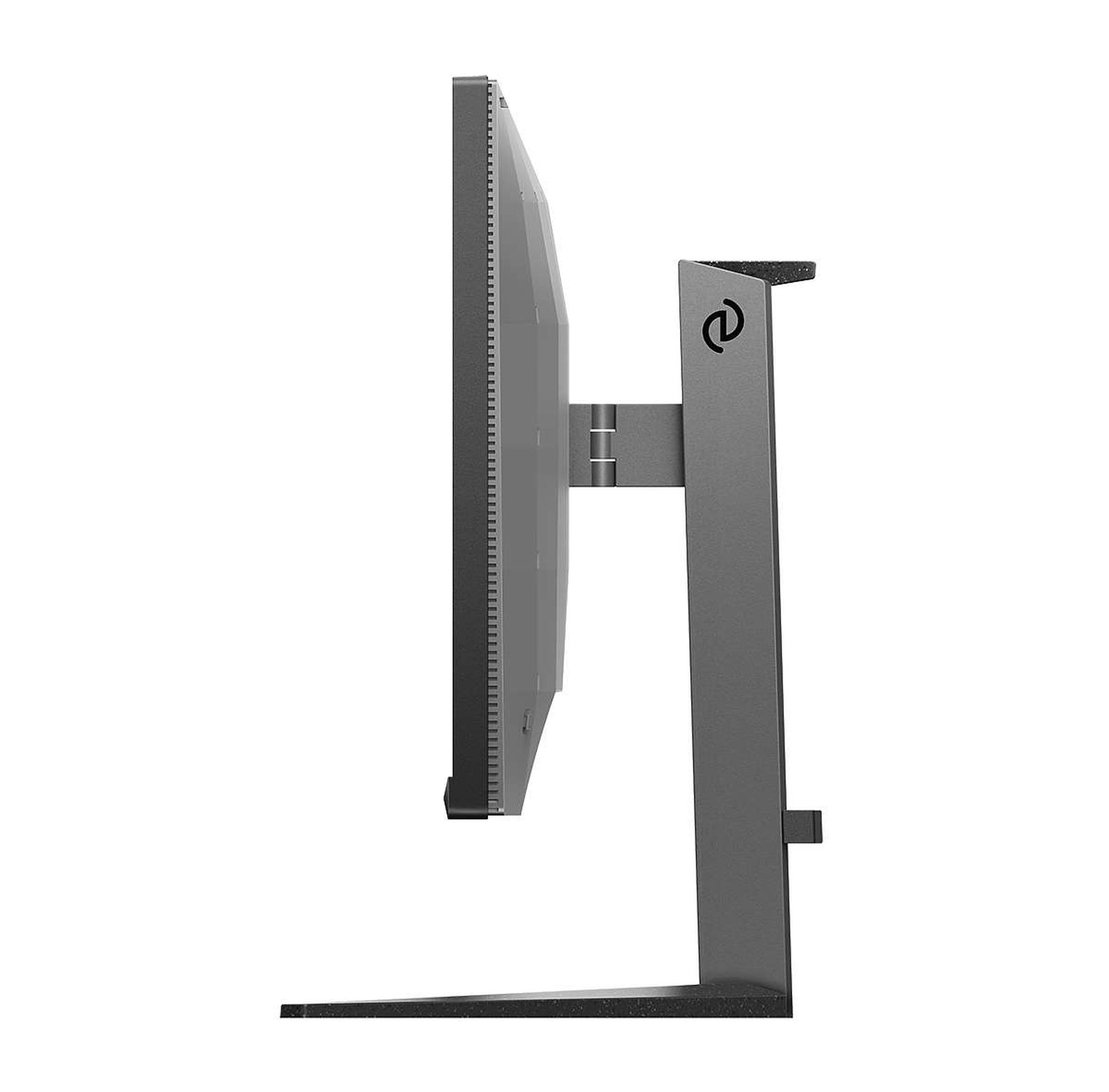 Vista laterale di un monitor grigio. Il monitor è su un supporto con un logo. Lo sfondo è bianco.