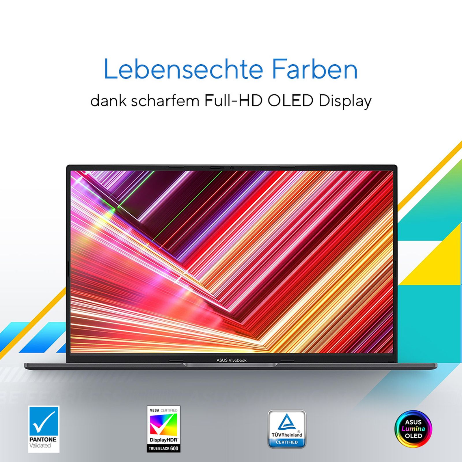 Ein Laptop mit lebendigem Display. Der Bildschirm zeigt farbige Linien. Logos für Pantone, VESA und ASUS sind sichtbar.