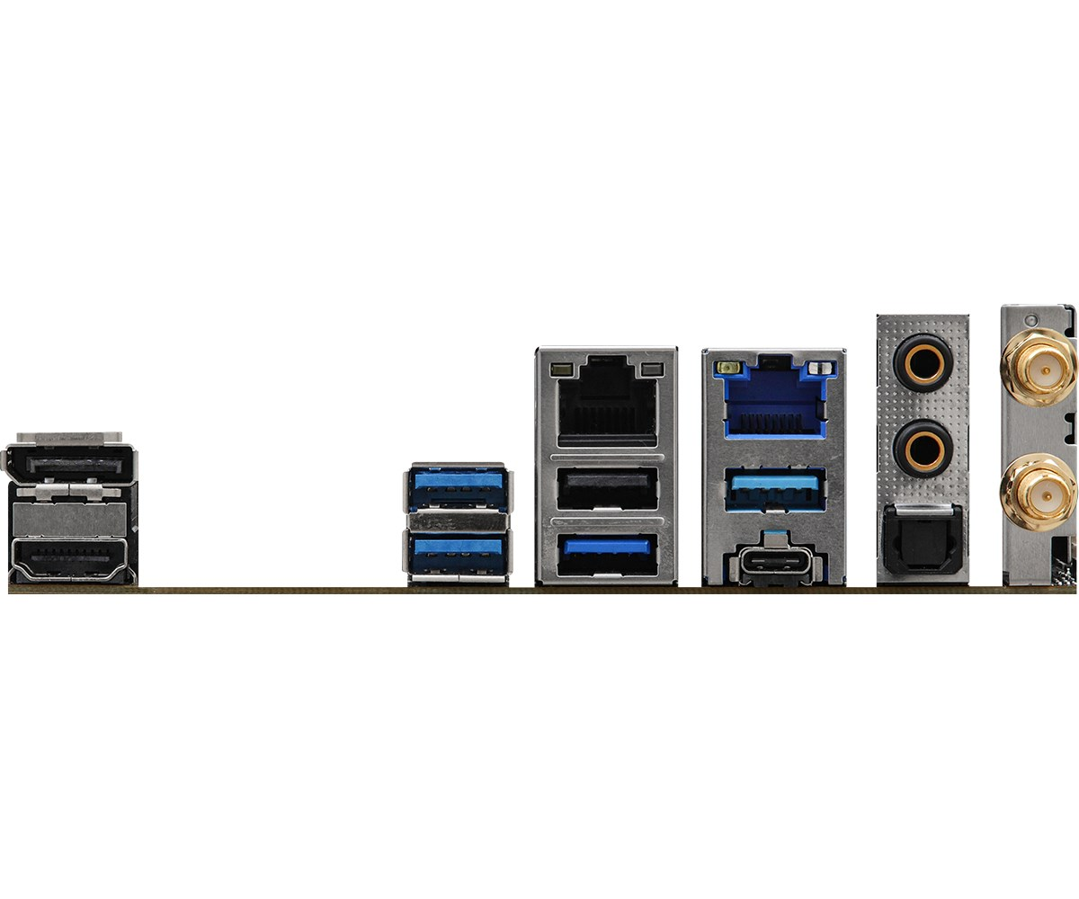 Panel tylny płyty głównej komputera. Widoczne są różne porty, w tym USB, Ethernet, audio i złącza antenowe.