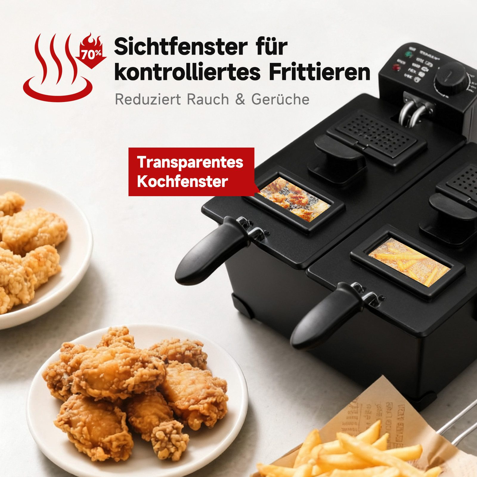 Eine schwarze Fritteuse mit Hähnchen und Pommes. Sie hat ein transparentes Fenster und reduziert Rauch.