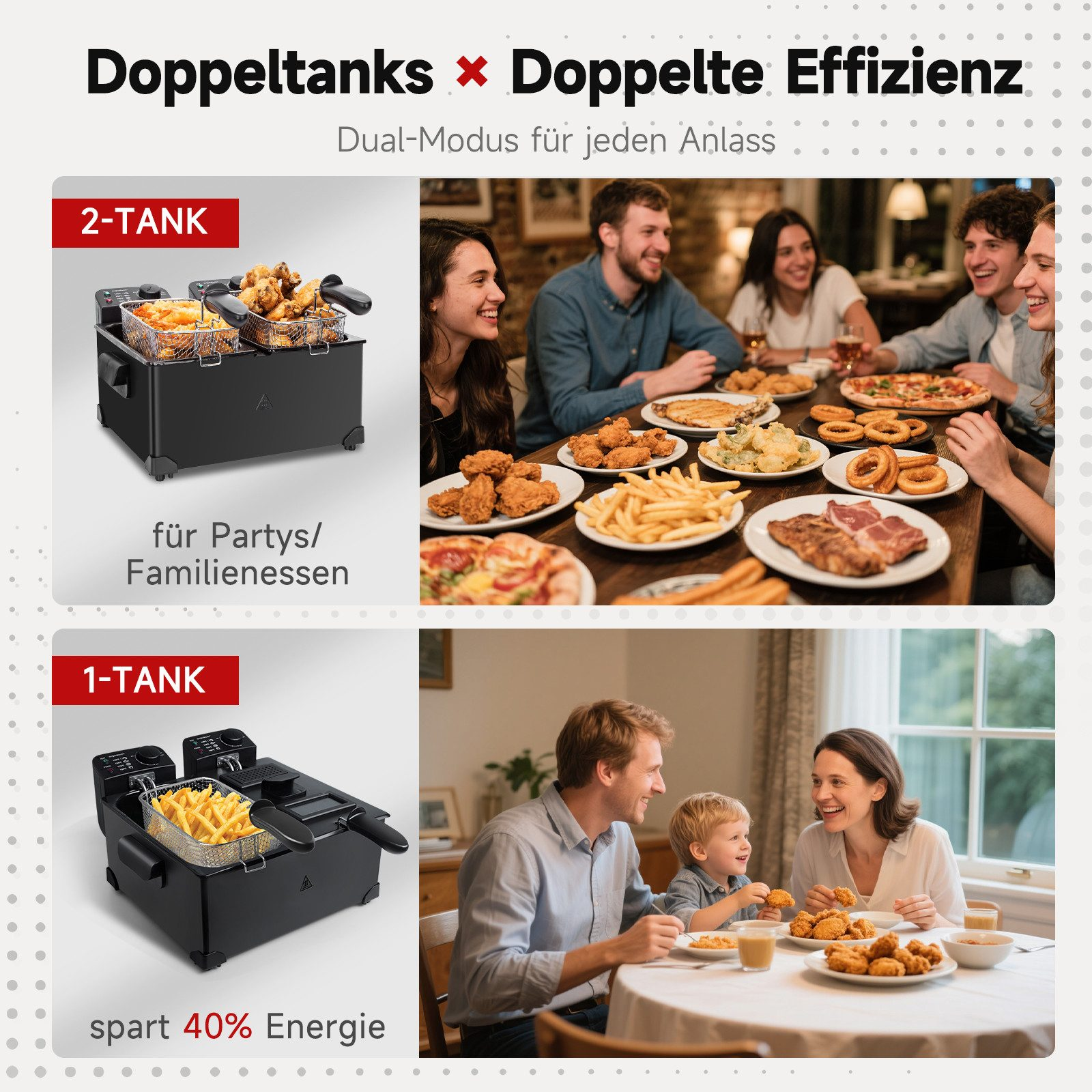 Das Bild zeigt eine Doppeltank-Fritteuse mit frittierten Speisen und eine Gruppe von Menschen, die an einem Tisch essen. Eine Familie genießt auch frittierte Speisen.