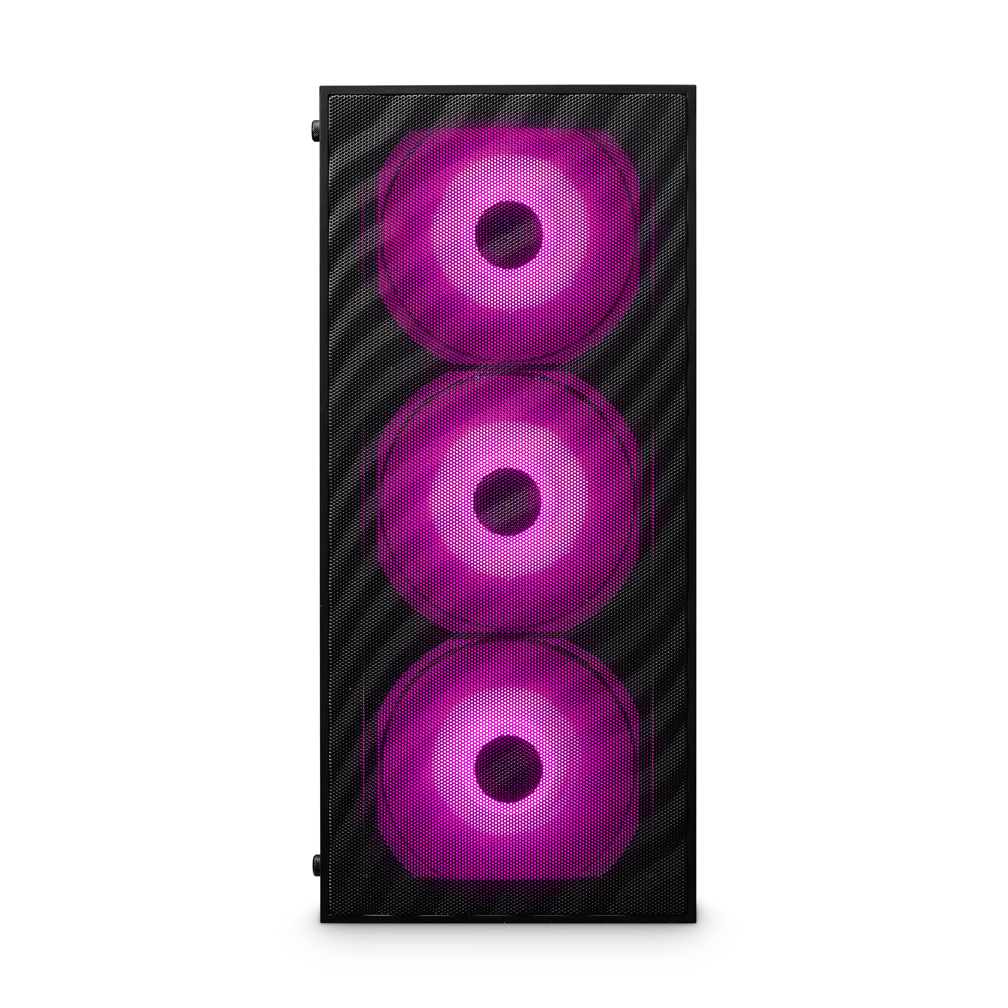 Przód obudowy komputera z trzema podświetlonymi wentylatorami. Wentylatory świecą na różowo za czarną siatką.