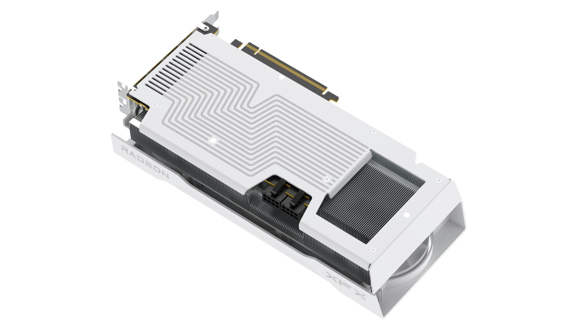 Biała i srebrna karta graficzna. Widoczne logo Radeon. Obecne jest również logo XFX. Karta znajduje się na białym tle.