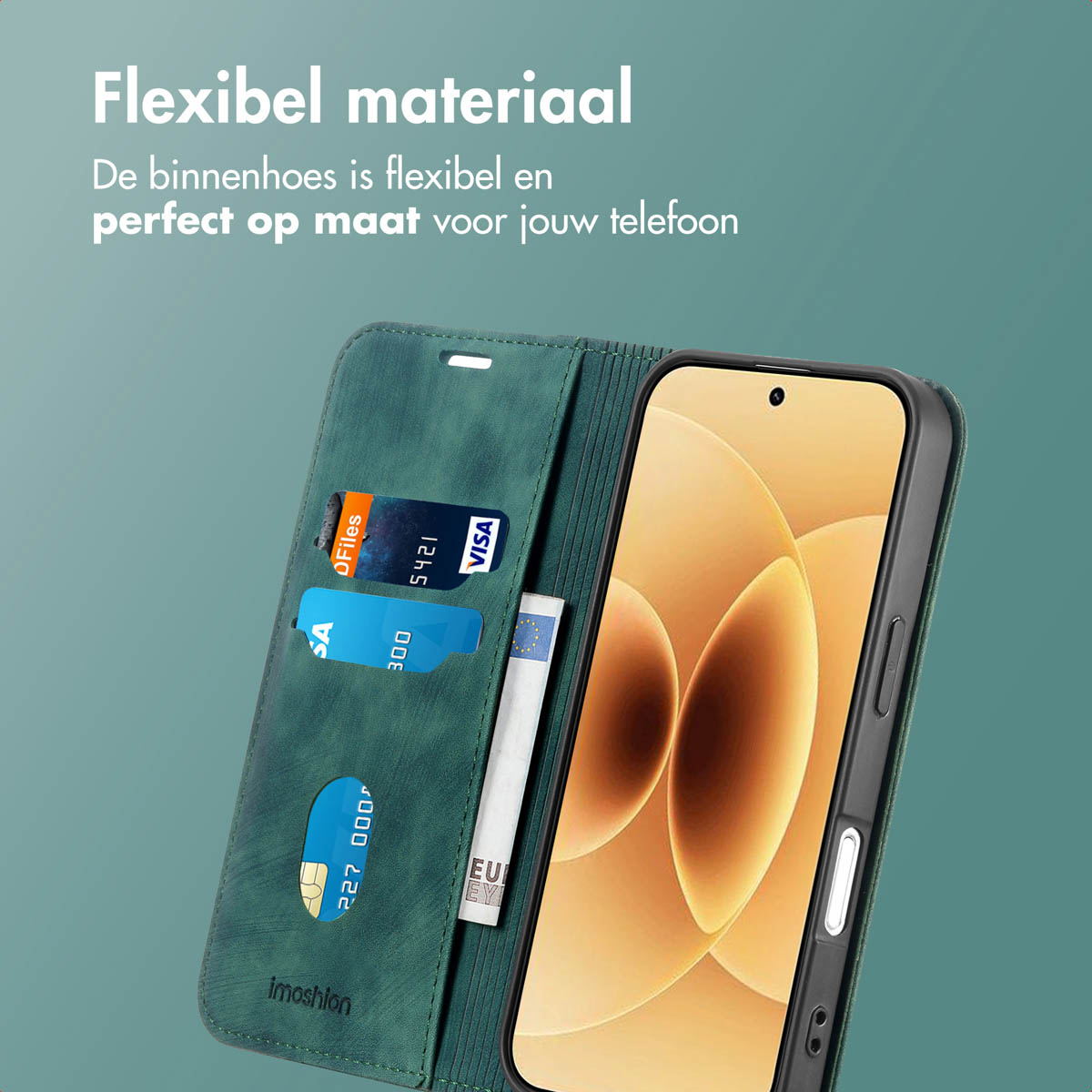 Een telefoon in een groene hoes, met creditcards en een biljet erin. Bovenstaande tekst zegt 'Flexibel materiaal'.