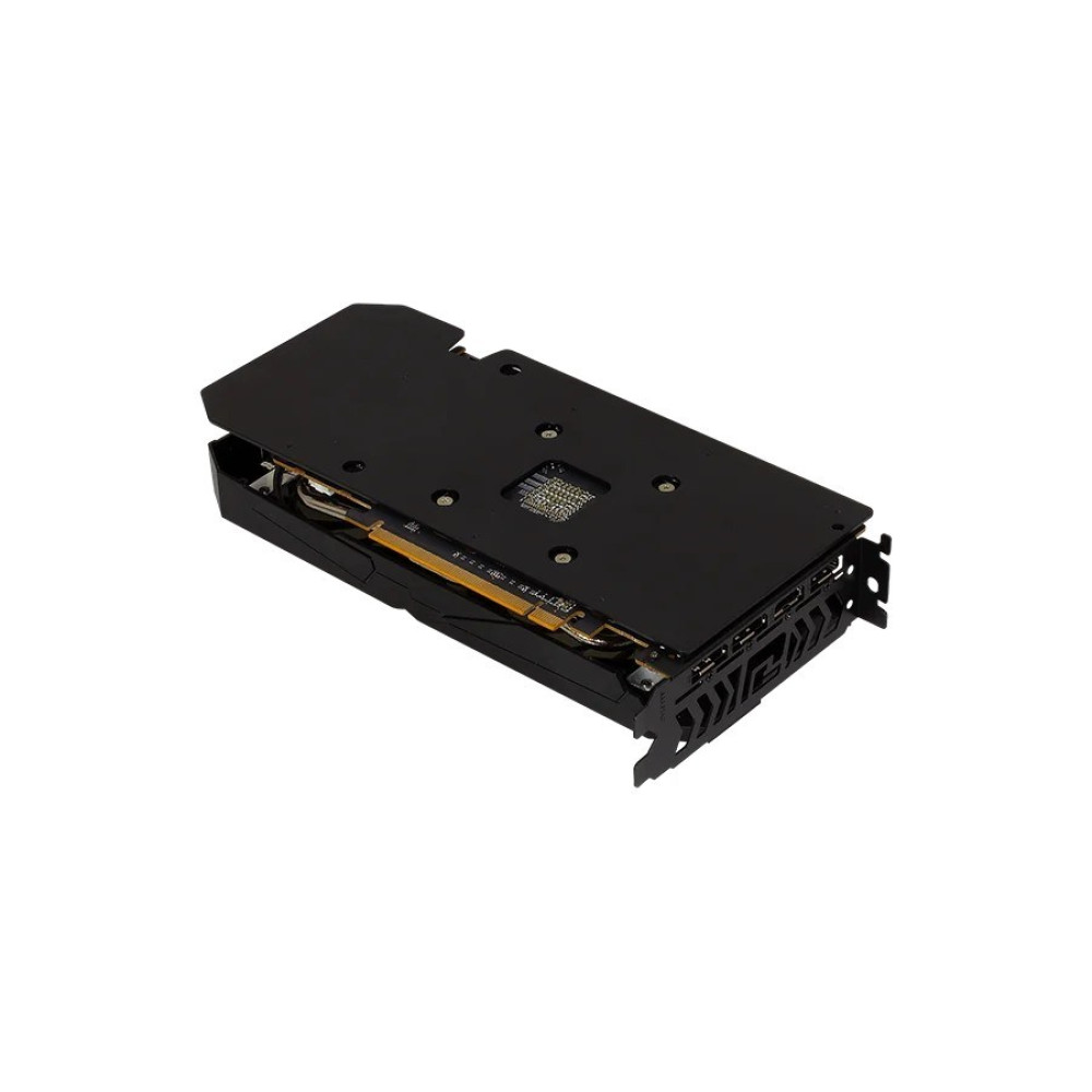 Czarna karta graficzna, lekko pochylona. Posiada metalową płytę tylną z różnymi portami i widoczną szczegółową płytkę obwodu.