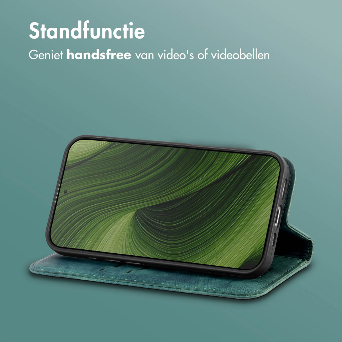Un telefono in una custodia è mostrato in modalità stand. Lo schermo mostra un motivo verde a spirale. Il testo sopra dice: Standfunctie.
