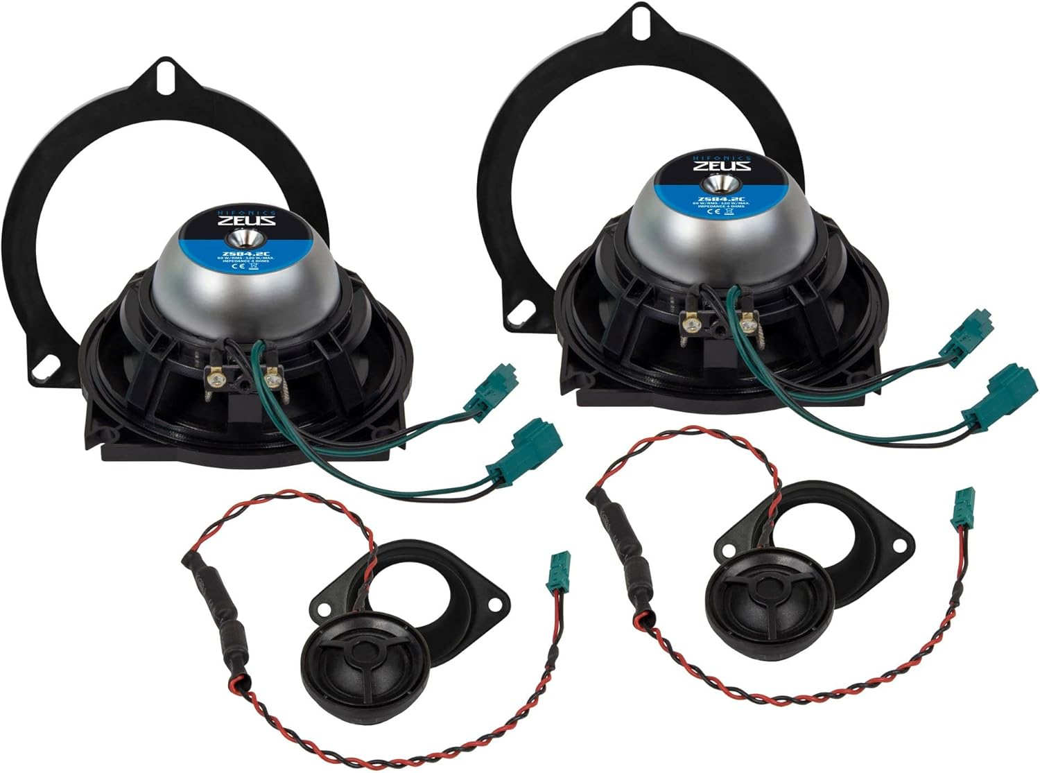 Zwei Auto-Lautsprecher-Sets. Jedes Set enthält einen Tieftöner, einen Hochtöner, Montagehalterungen und Kabel mit grünen und roten Steckern.