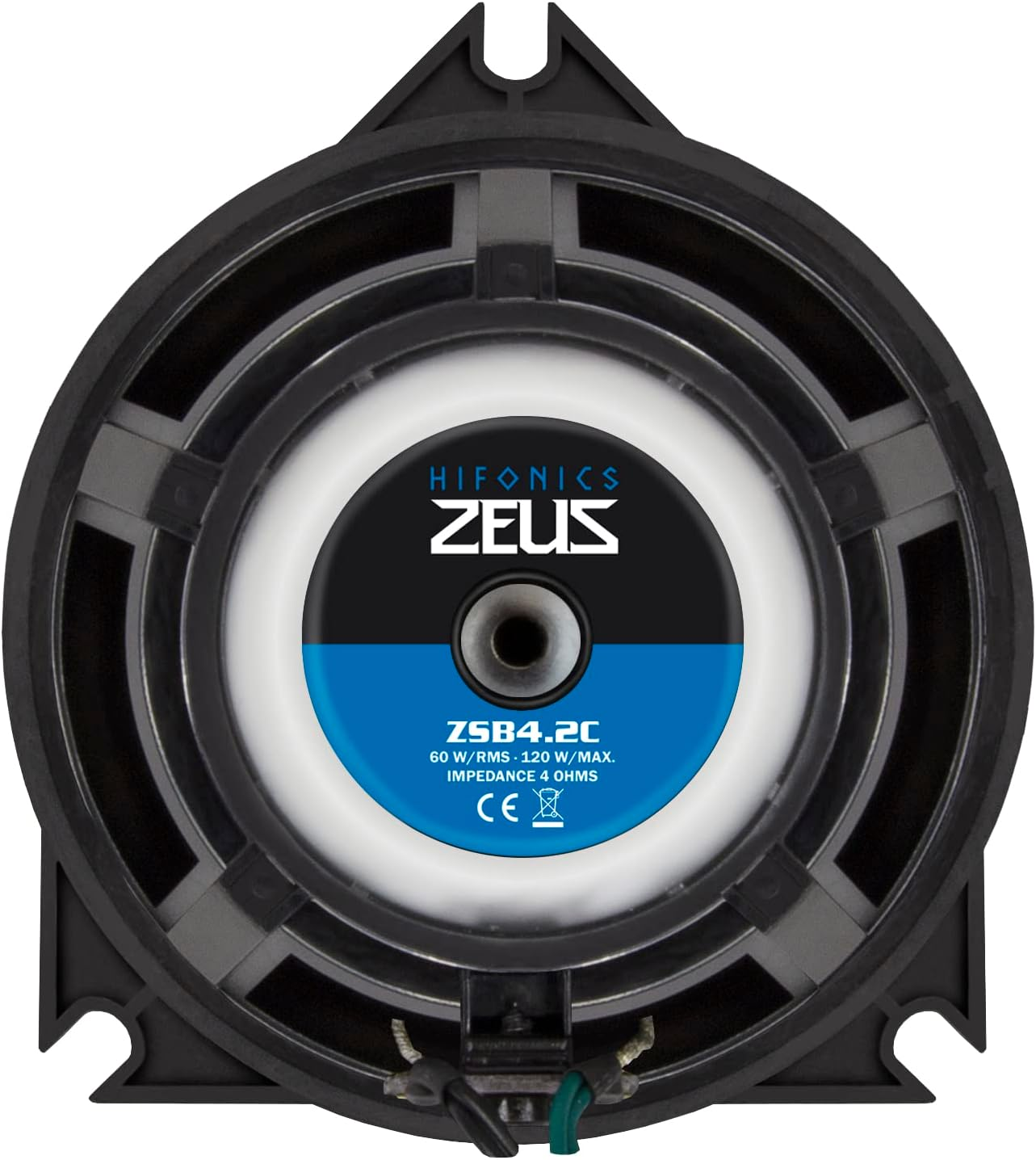 Nahaufnahme eines Lautsprechers mit schwarzem Rahmen. Die Mitte hat eine schwarze und blaue Scheibe mit Text 'HIFONICS ZEUS' und 'ZSB4.2C'.